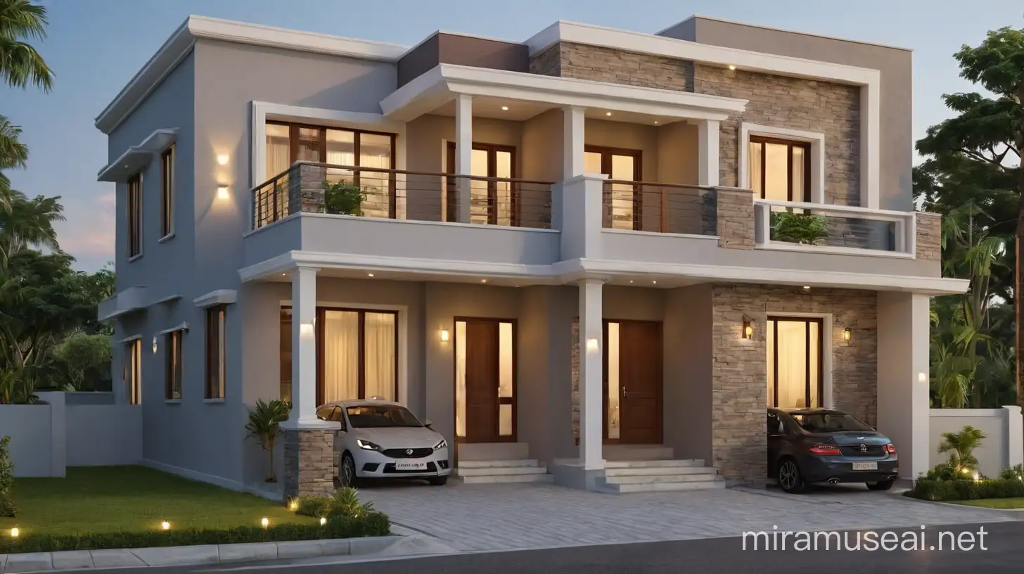 BudgetFriendly TwoStory Small Front House Design with Flat Roof and Wooden Accents