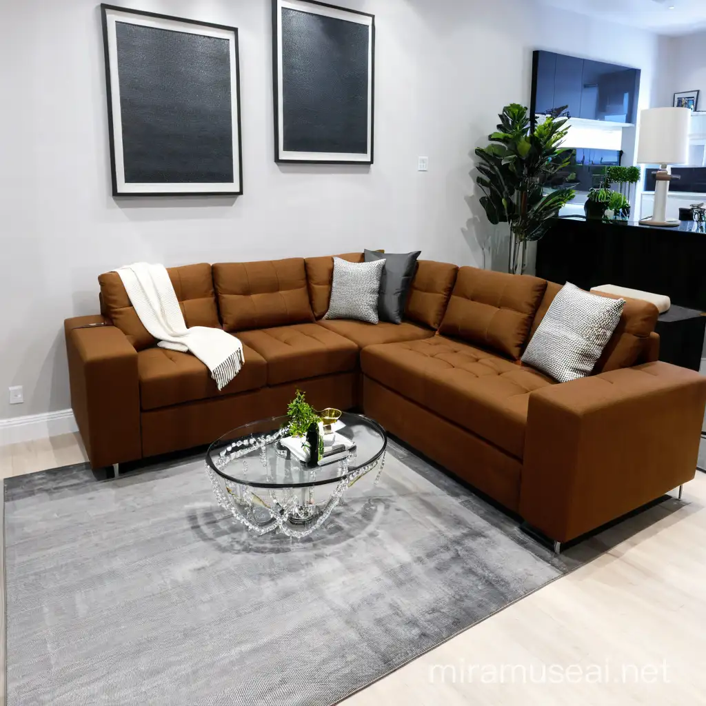 modern living room with chandelier