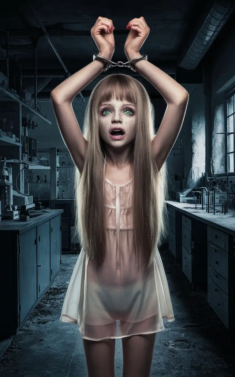 rompt

Copy Prompt
a beautiful girl, long blonde straight hair, green eyes, She is wearing a semi-transparent short dress, She is in an abandoned laboratory for experiments ,her hands are handcuffed above her head, she looks desperate