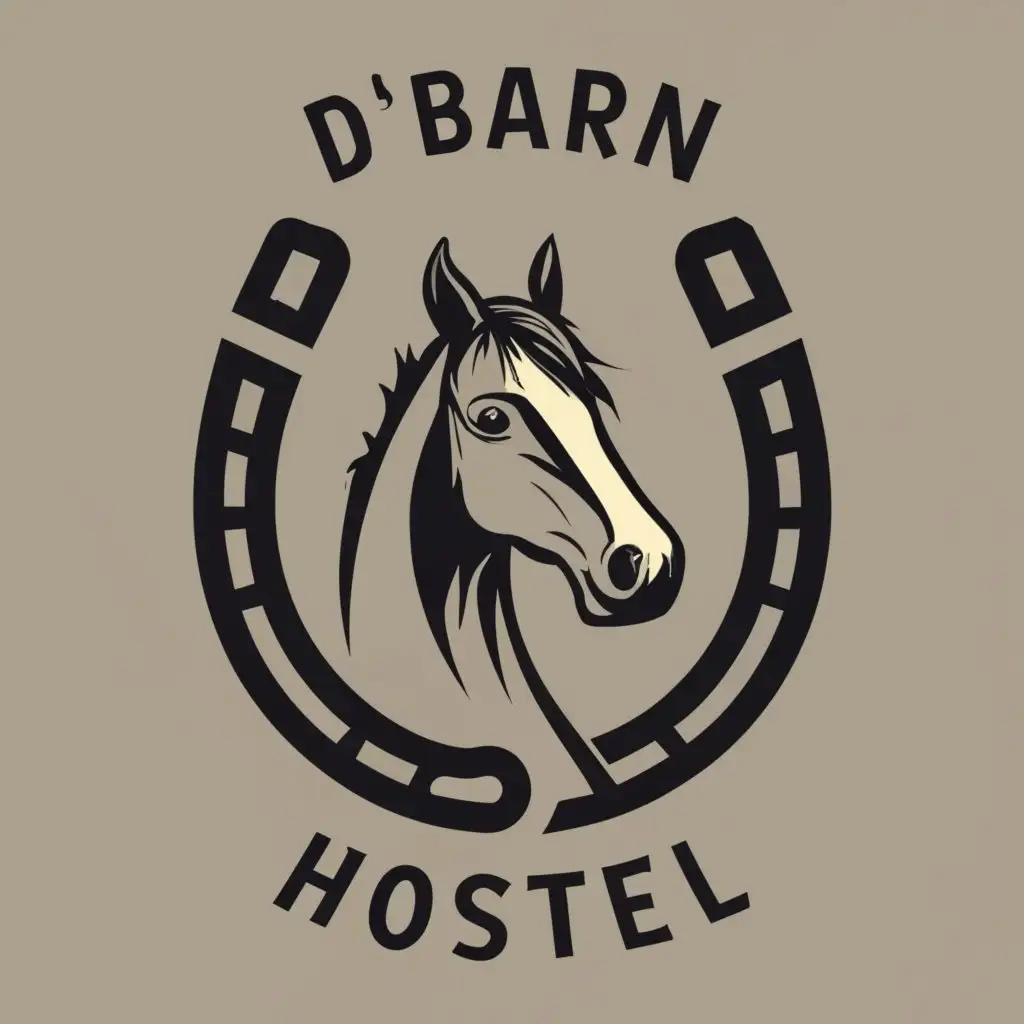 logo, horseshoe with horse, with the text "D' Barn Hostel", typography, be used in Real Estate industry