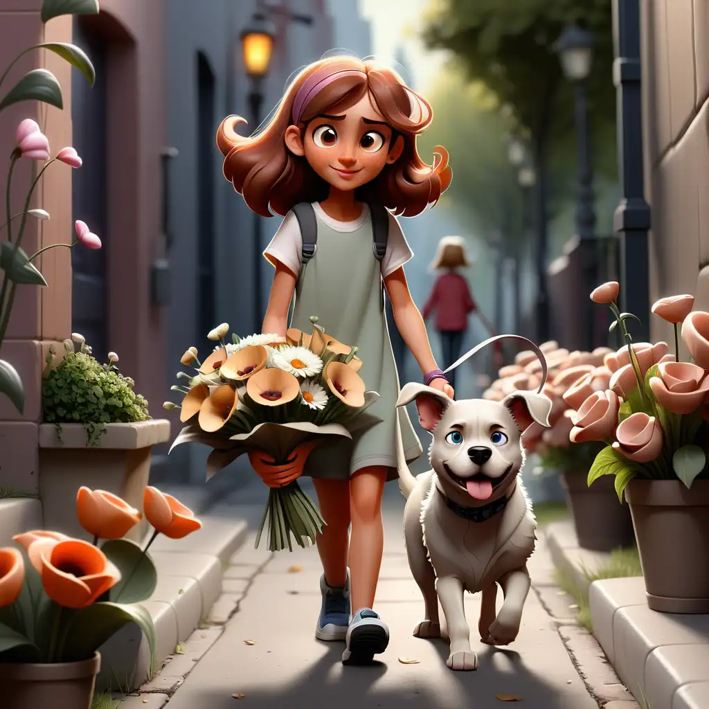 Girl Walking with Dog Holding Flowers