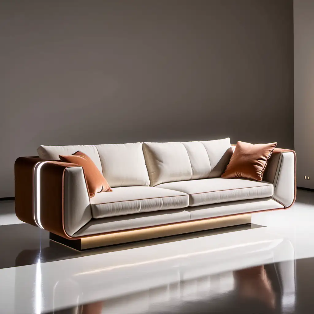 Italian style sofa design with Turkish touches, modern lines, minimal LED detail,isaloni 2024

