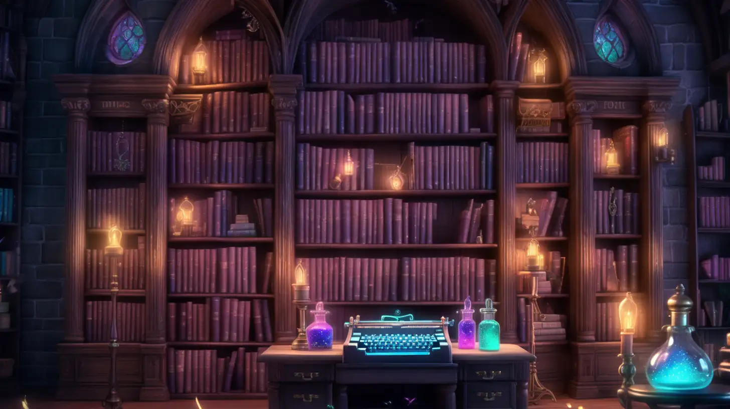 Enchanted Typewriter Glowing Keys Illuminate Magical Library with Iridescent Castles Inside Bottles