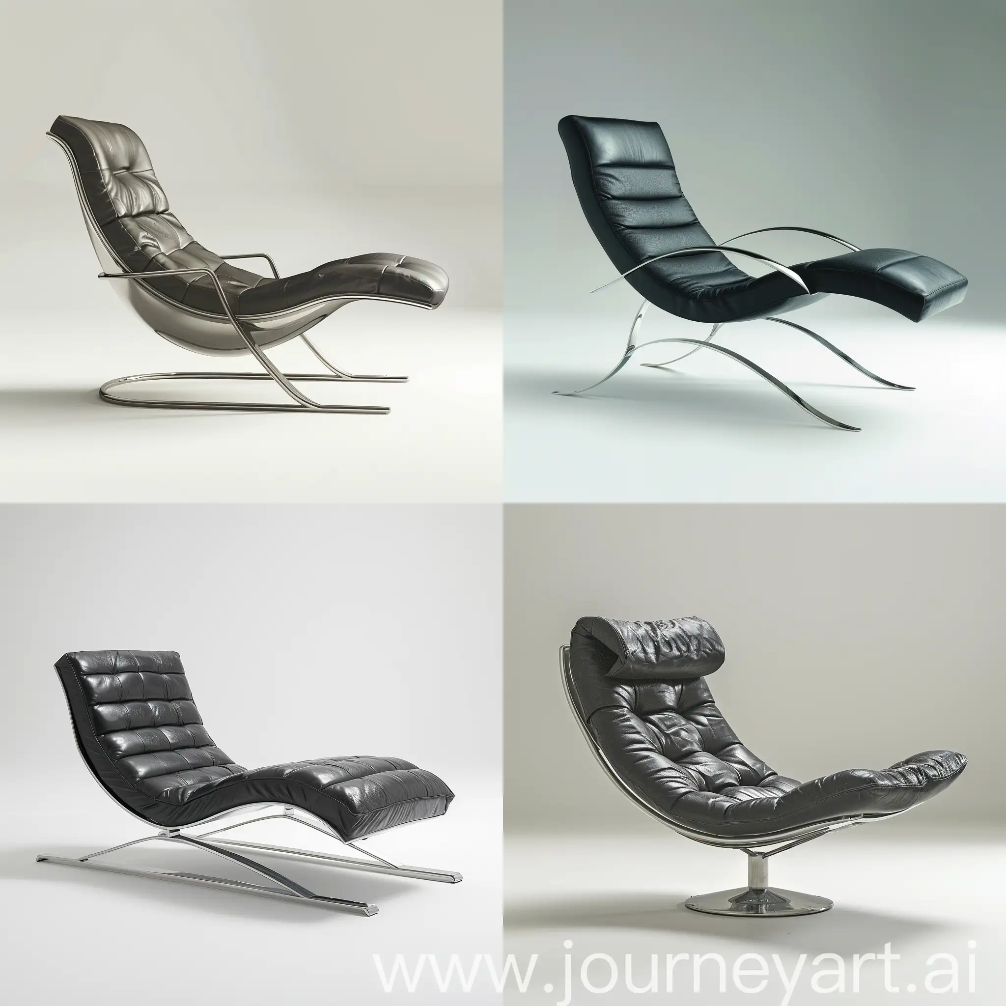 a product photo of a lounge chair on a white background, the chair is made out of black leather and chrome metal, and it is modern, it is all alone in a white room, nothing else in the background