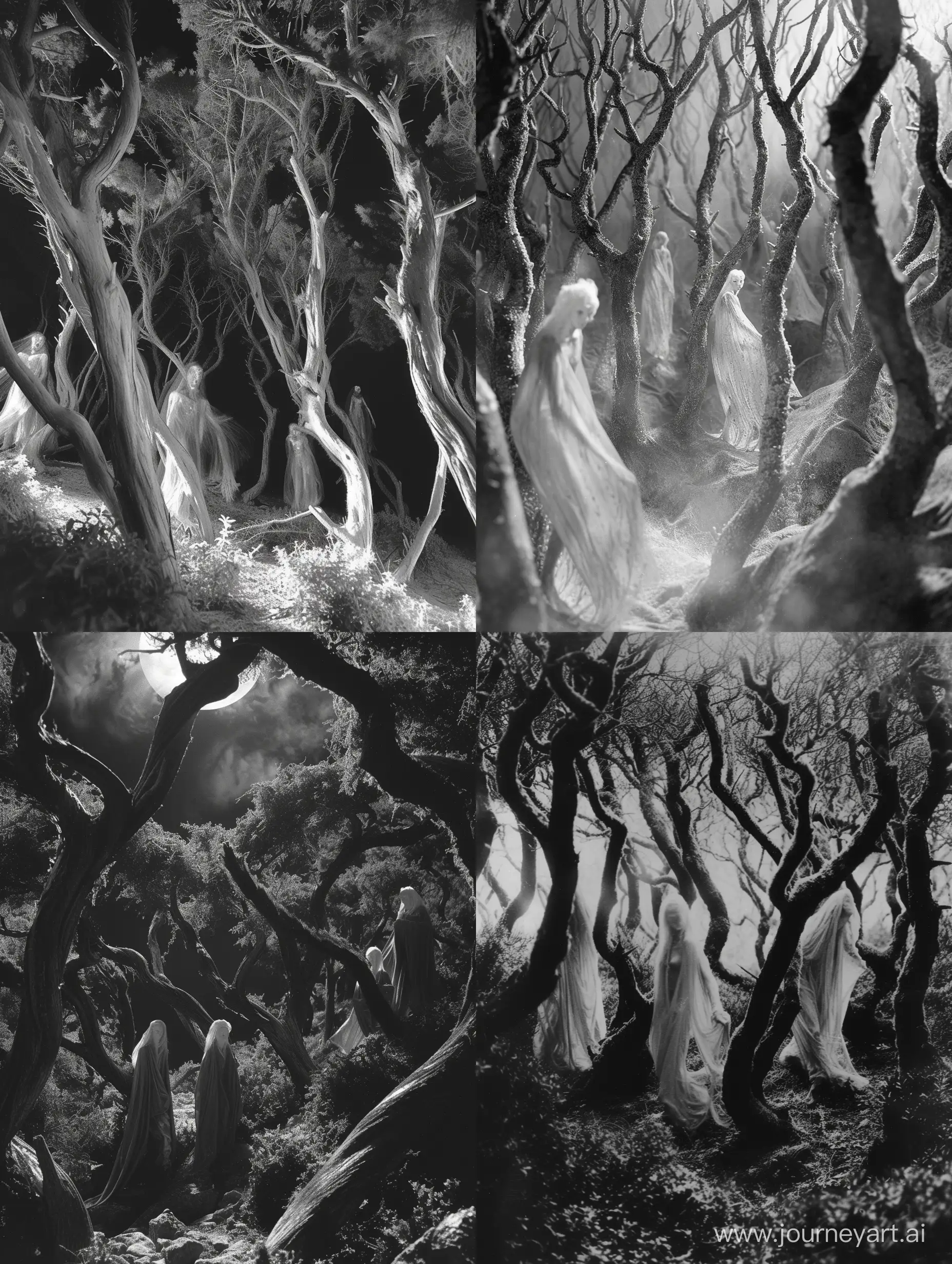 grayscale photo of an ancient forest, the twisted branches of the trees reaching out like skeletal fingers. Moonlight filters through the dense canopy, casting haunting shadows on the forest floor. Among the trees, ethereal figures with flowing garments and pale faces emerge, their presence evoking a sense of otherworldly horror. The composition is asymmetrical, with jagged lines and a sense of movement, adding to the unease. The expired film lends a vintage quality to the image, with subtle tonal shifts and a touch of grain that enhances the mysterious and foreboding atmosphere. This prompt embraces the keywords of "Shadowed Whispers" and "Eerie Ambiance," resulting in a truly captivating and atmospheric image. 