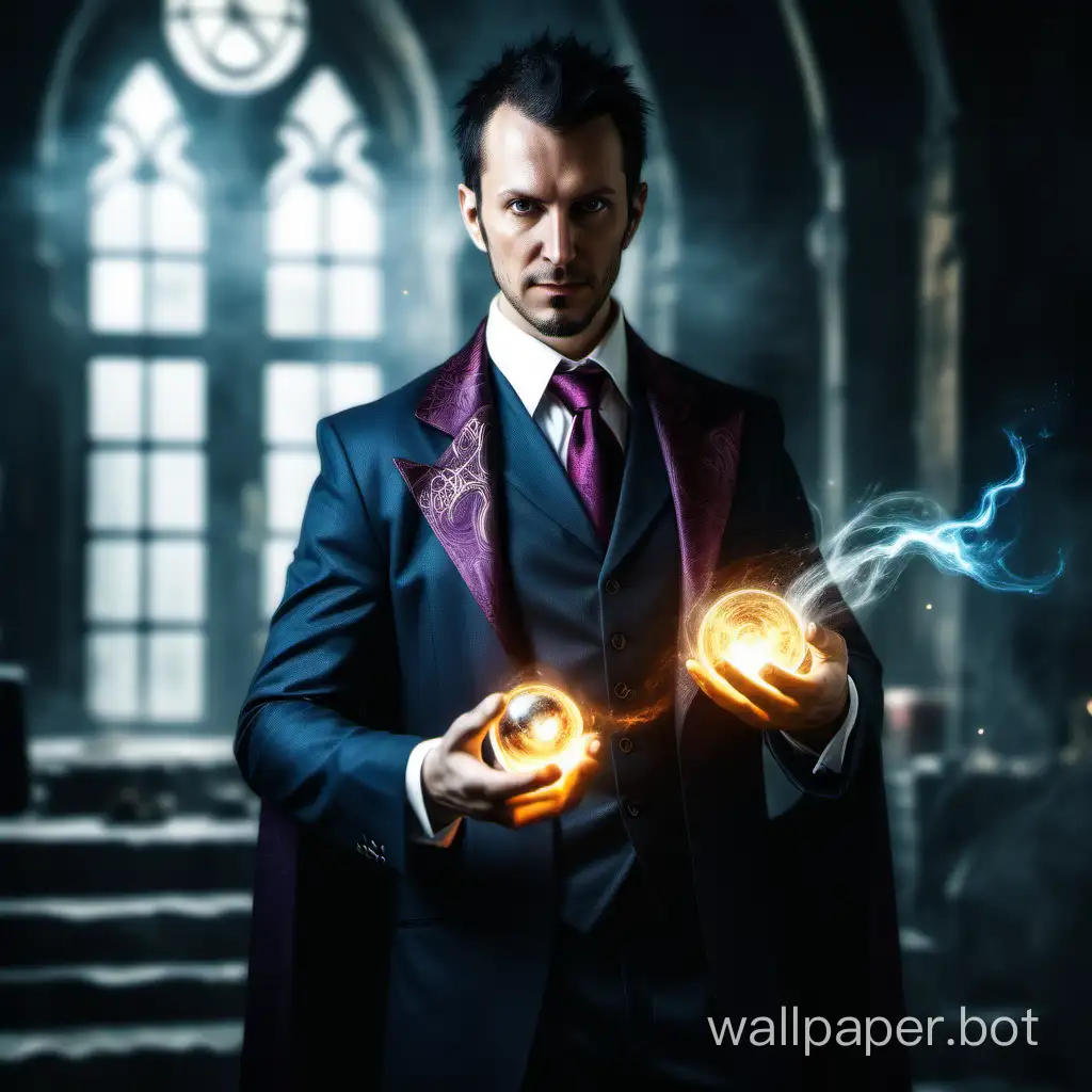 Warlock in the world of wizards, mage in a business suit, 35 years old, without headgear, bright atmosphere, day, light
