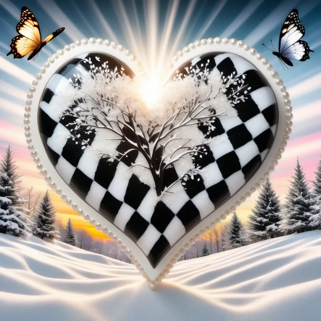 White and Black buffalo check pattern heart, glittersplash, glitter dust, sparkle, in a beautiful winter country setting,  mother of pearl, sun rays, multi colored sky line, snow drop flowers and a butterfly