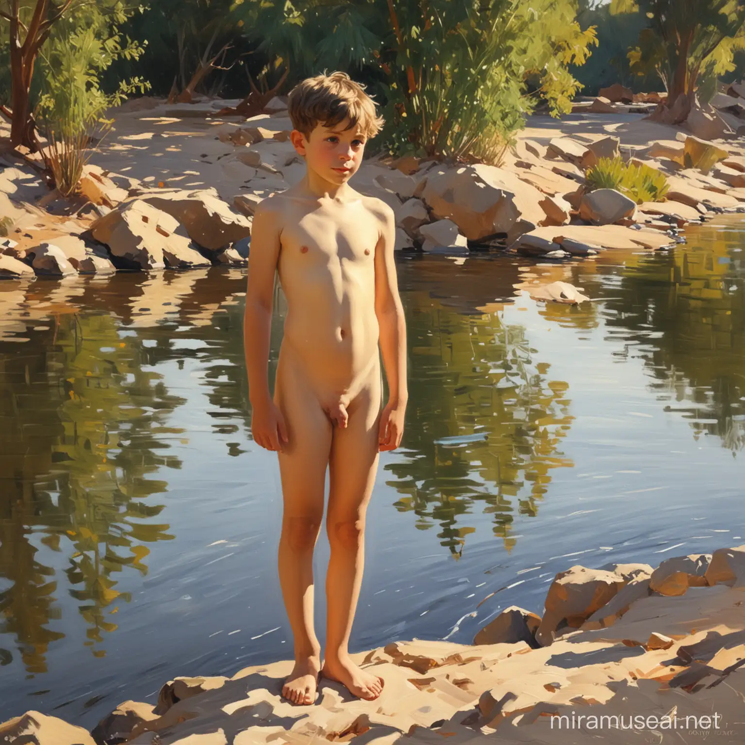 в стили хуудожника Хоакин Соролья ..картина. обнаженный мальчик в полный рост  на фоне реки .осфещение контражур.