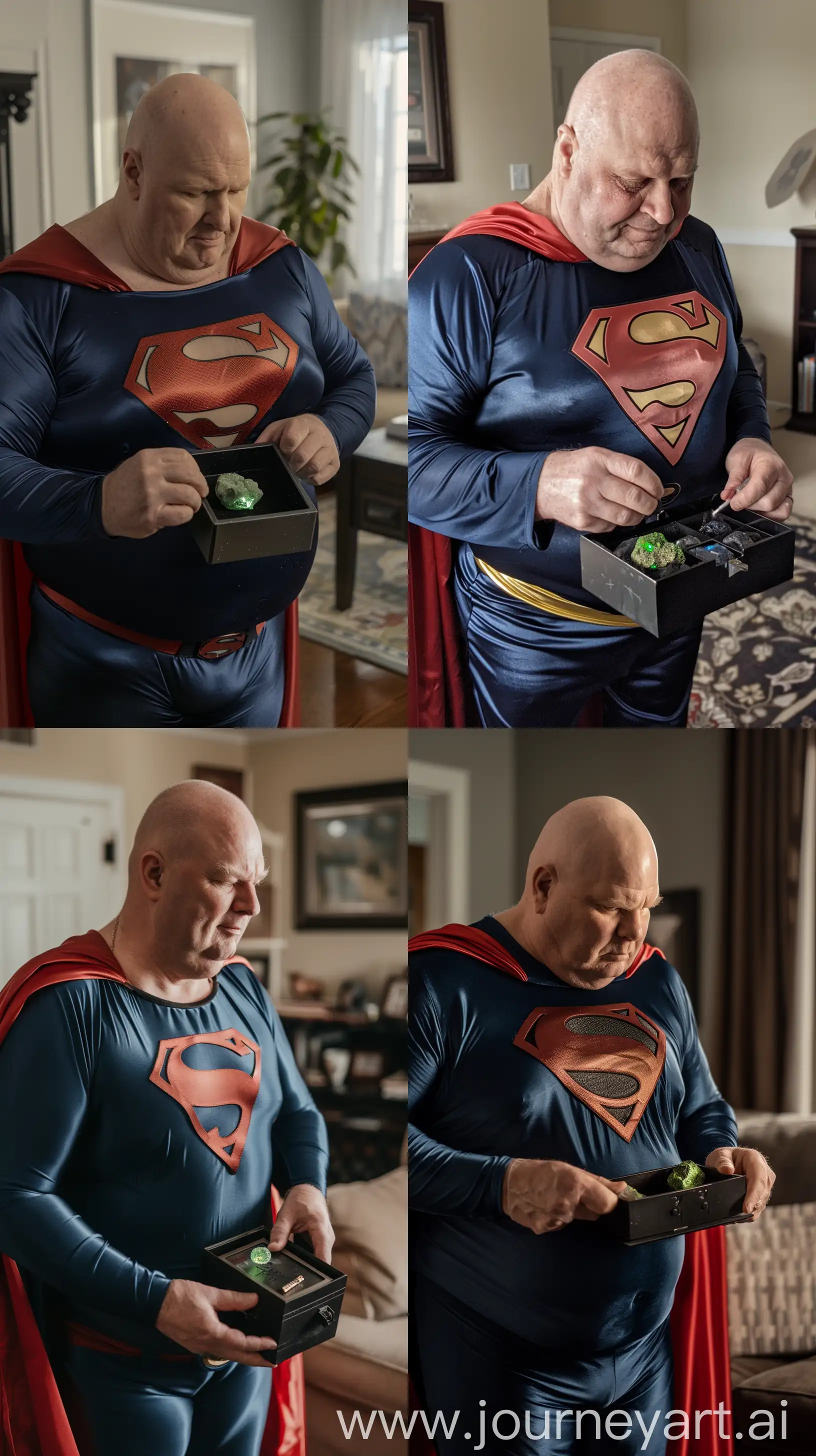 Front close-up photo of a fat man aged 60 wearing silk navy blue complete superman tight uniform with a large red cape. Opening a small black metal box containing a small green glowing rock. Inside a living room. Bald. Clean Shaven. Natural light. --ar 9:16