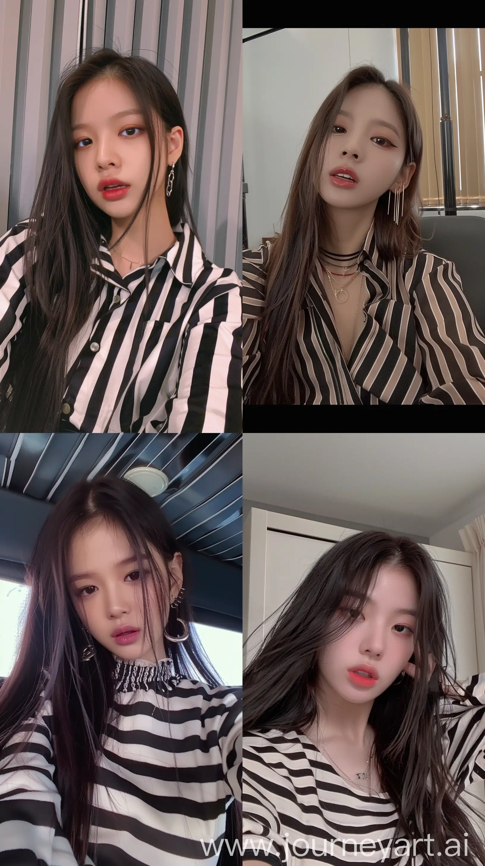 a blackpink's jennie,aetethic instagram selfie,wearing strip shirt --ar 9:16