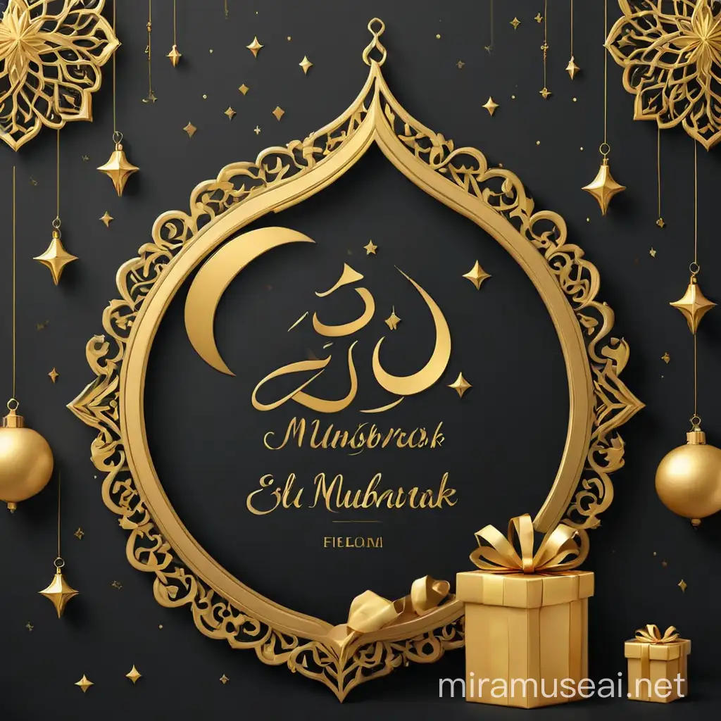 Eid mubarak poster in black and gold colour combinations with images of gifts