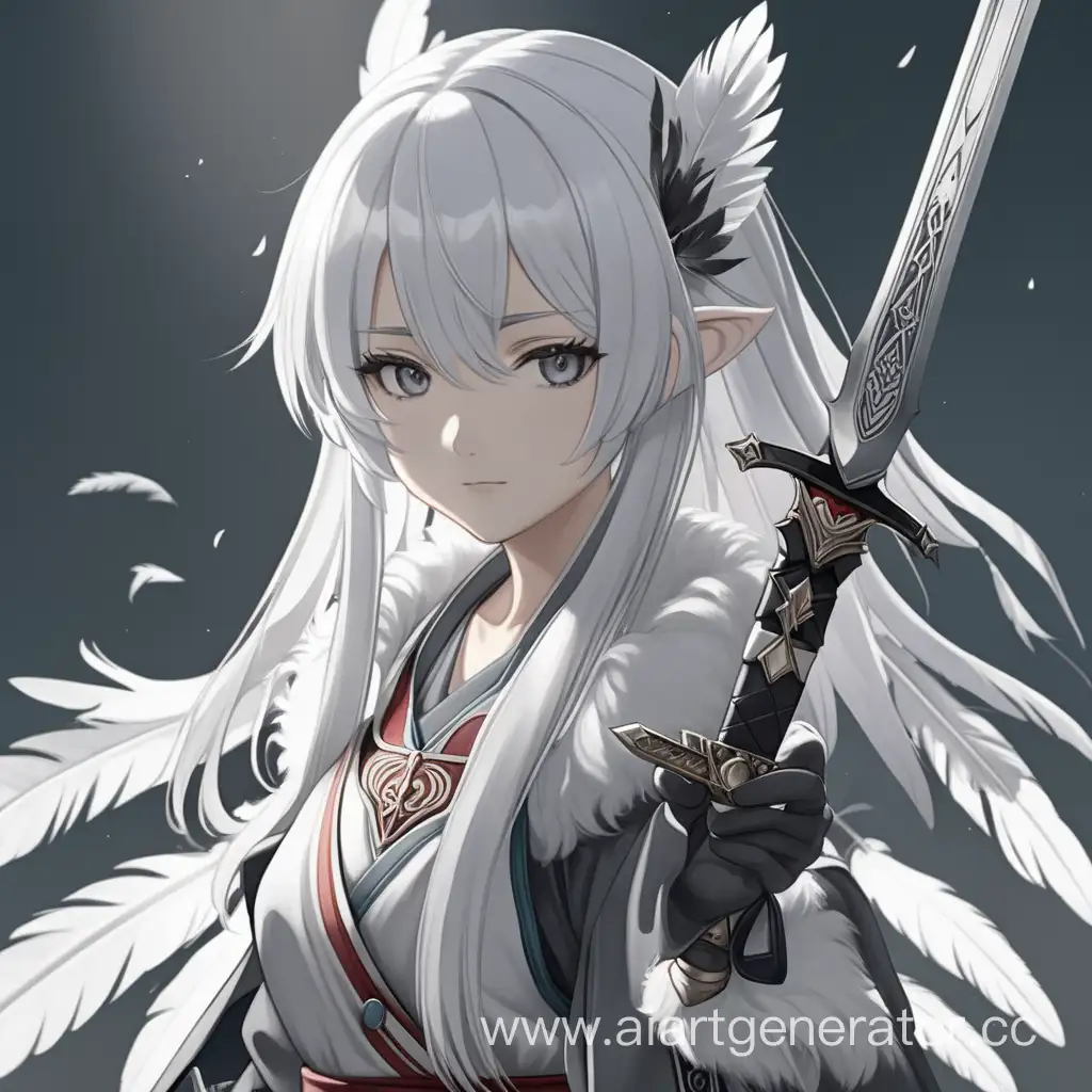 Девушка с белыми волосами и серыми глазами. Уши - перья. В руках меч. Аниме