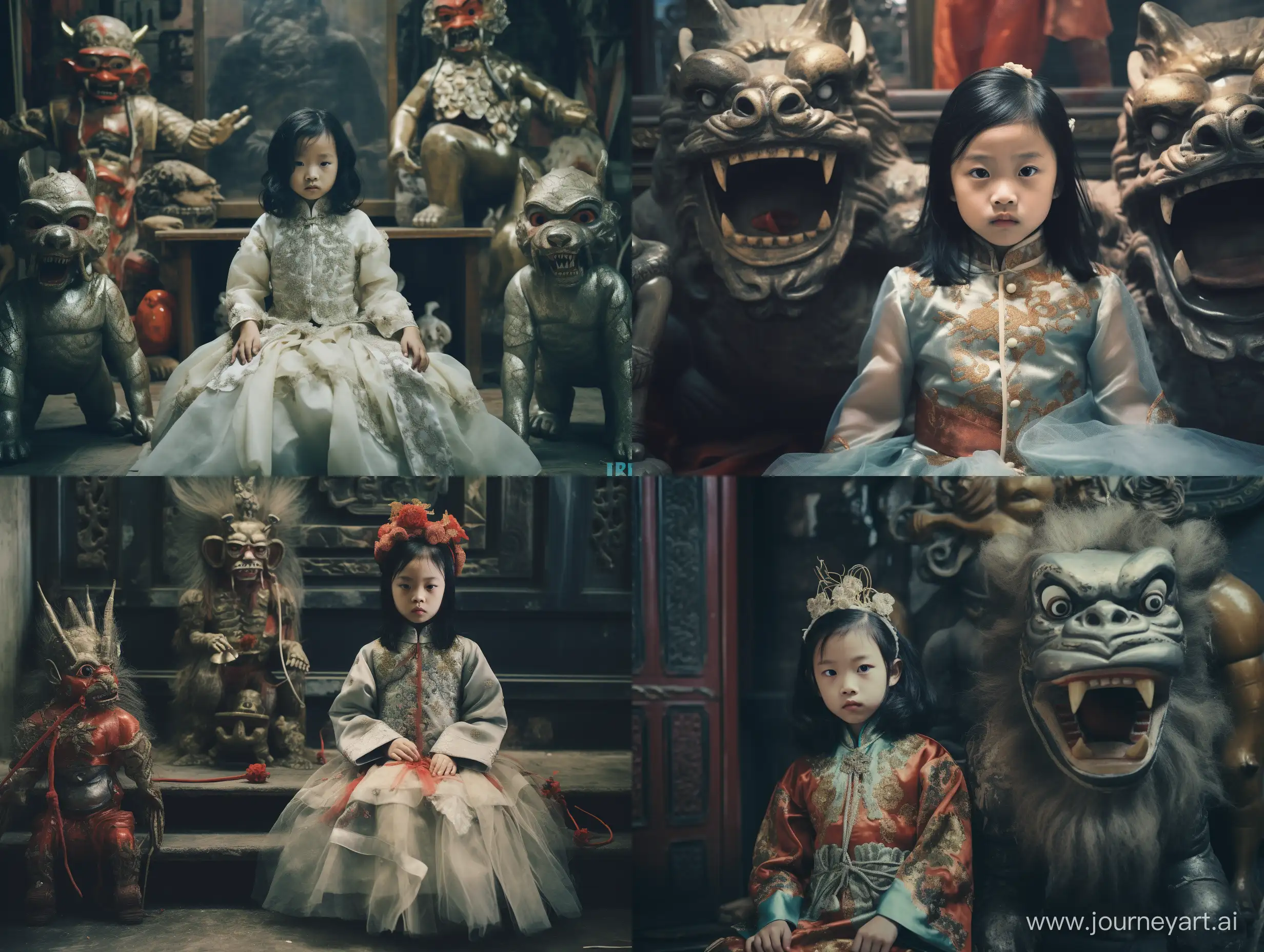 creepy Chinese mythological statues in a shabby traditional Chinese temple, an innocent little girl dressing in Chinese New Year clothes, horrible and quirky atmosphere, realistic old faded photo style