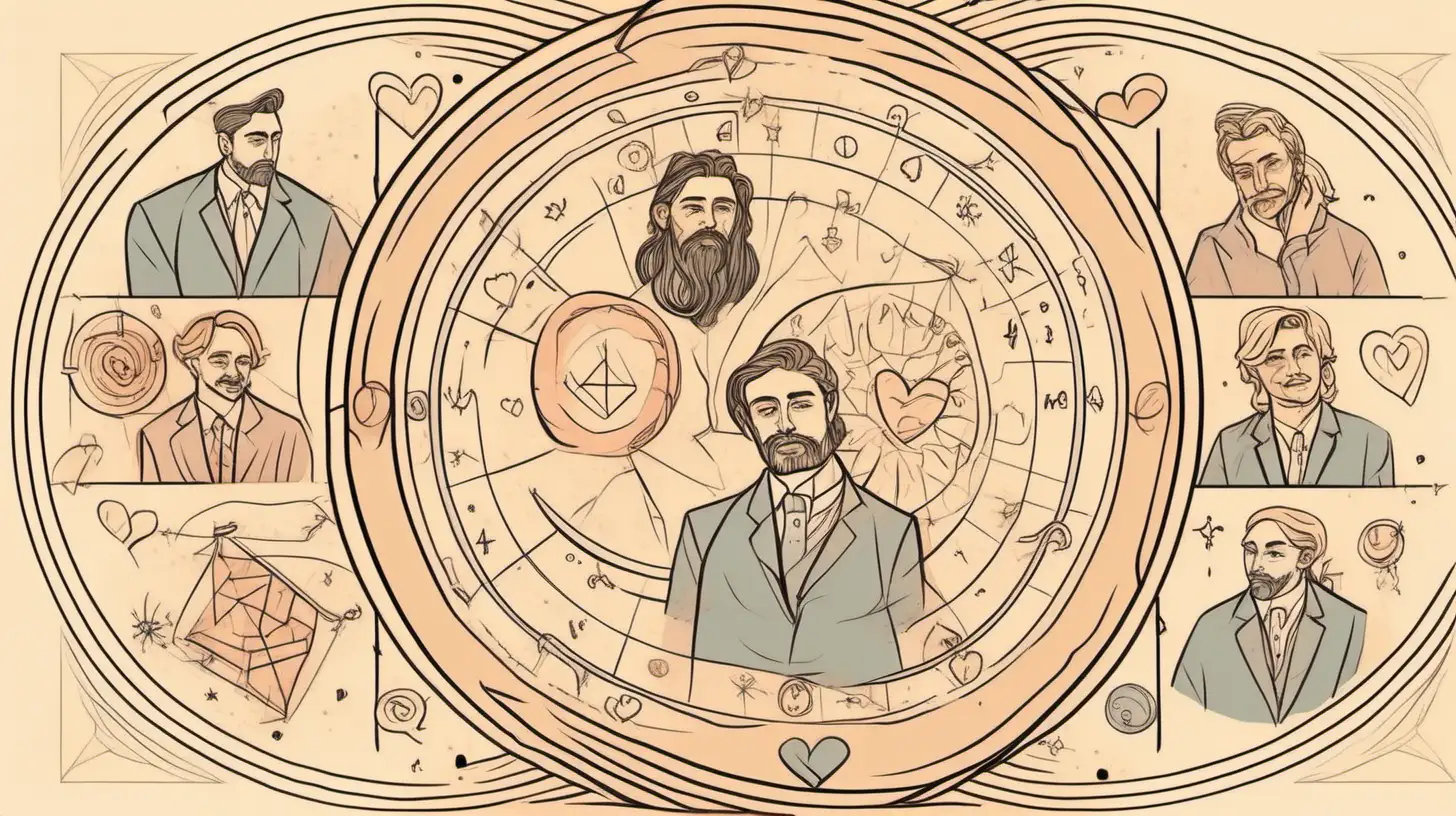 Draw An astrological wheel with
thinking male faces and heart shapes and wedding ring. Loose lines. Muted color, add a banner with text