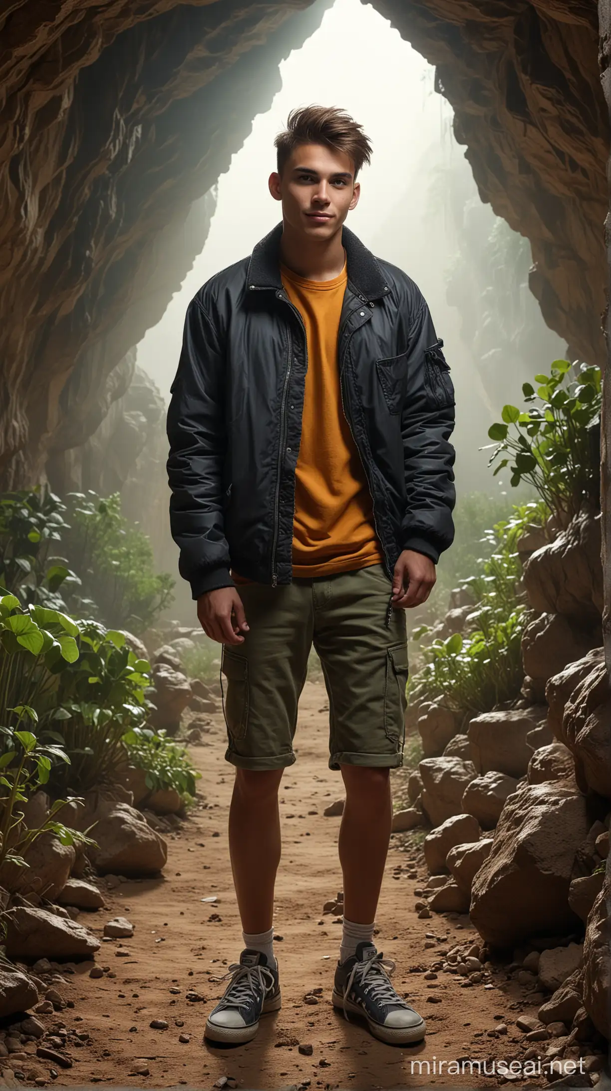 young handsome man 18 yo, with hair in a bun. Standing in front of the cave, wearing sneakers, wearing a jacket with an evil grin on his face. Harvesting plants in a glowing cave, 800mm lens, realistic, hyperrealistic, photography, professional photography, deep photography, ultra HD, very high quality, best quality, medium quality, HDR photo, focus photo, deep focus, very detailed, real photo, photo original, ultra sharp, nature photo, long shot, masterpiece, award winning, taken with hasselblad x2d