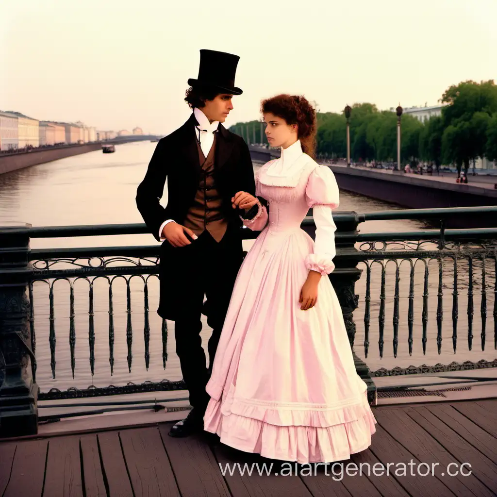 Romantic-Stroll-in-Saint-Petersburgs-White-Nights-19th-Century-Couple-on-Bridge