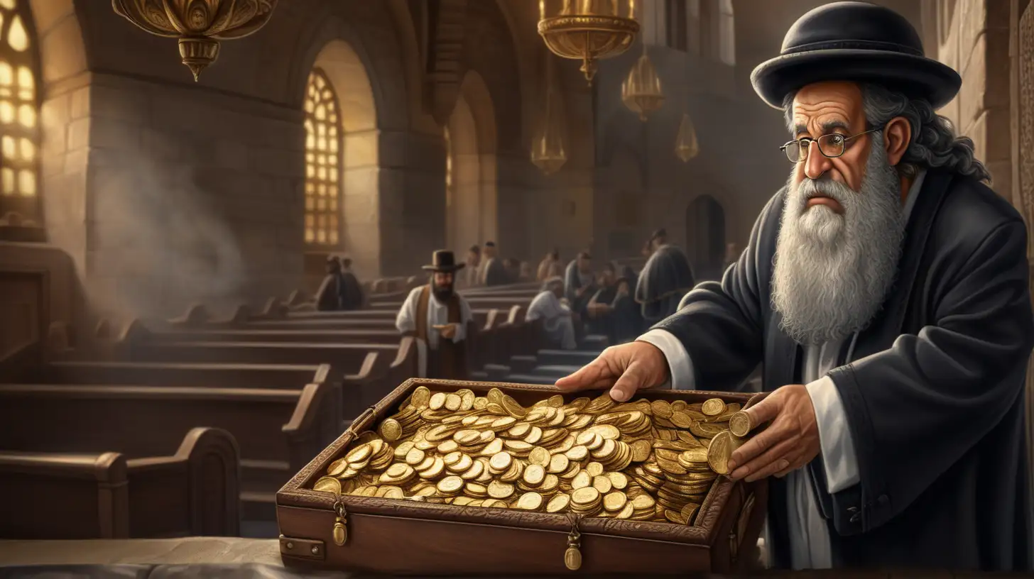 epoque biblique, un rabbin hébreu détourne de l'argent de la synagogue, il fait attention que personne ne le voit, dans sa main une boite en cuir contenant des pièces d'or, yeux perfides, dans la synagogue