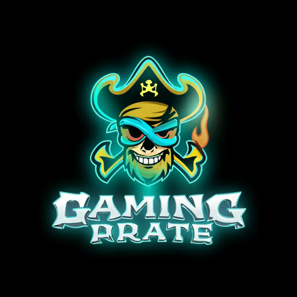 a logo design,with the text "Gaming Pirate", main symbol:Neon  blue and yellow Pirate,Moderate,clear background