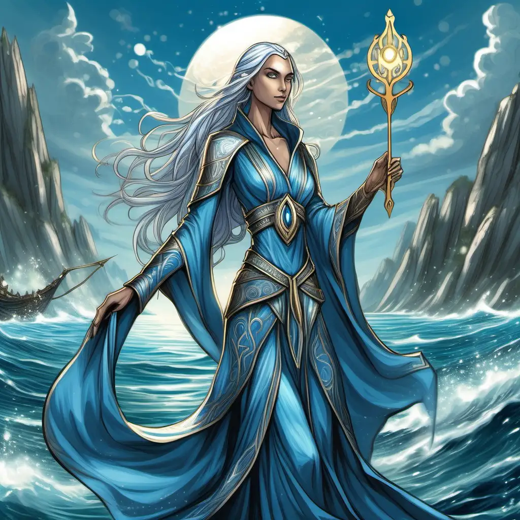 ina dungeons and dragons hand painted style Elyria stands tall, her slender elven frame outlined against the shimmering sea. Clad in flowing blue and silver robes, she exudes an ethereal grace. Her long silver hair dances in the ocean breeze, and golden eyes hint at the ancient knowledge she carries. An intricately crafted staff adorned with mysterious symbols completes her enigmatic appearance.