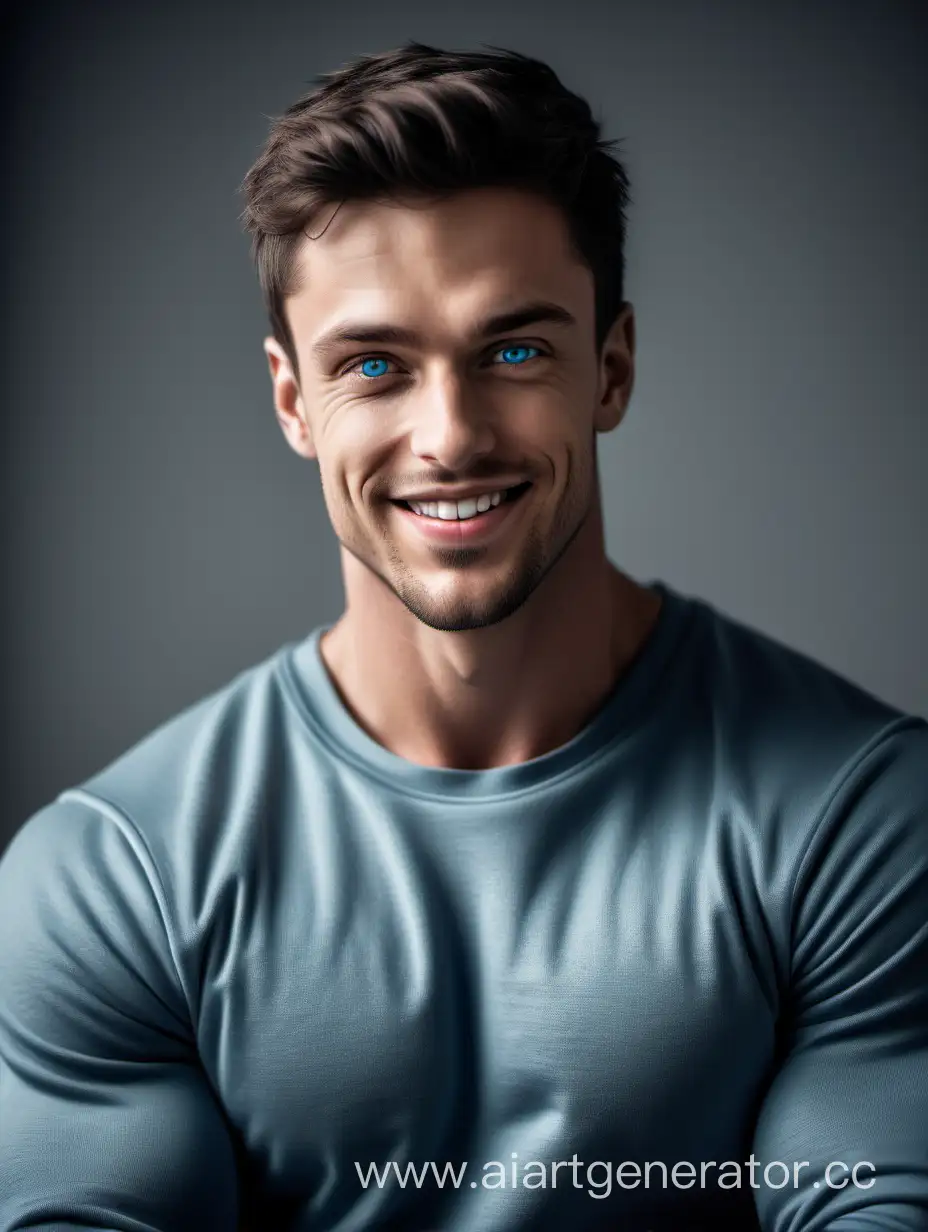 A muscular man, a young guy, with blue eyes, dark hair and stubble. Wearing a tight-fitting sweatshirt. Smiles. Charismatic. hair is medium long and thick. Waist-high