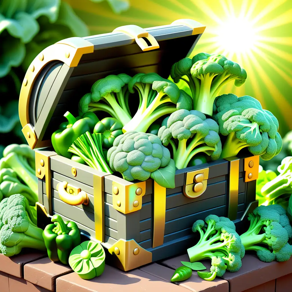 a treasure chest of green vegetables spinach, broccoli cilantro green peppers shining like gold in the sunlight