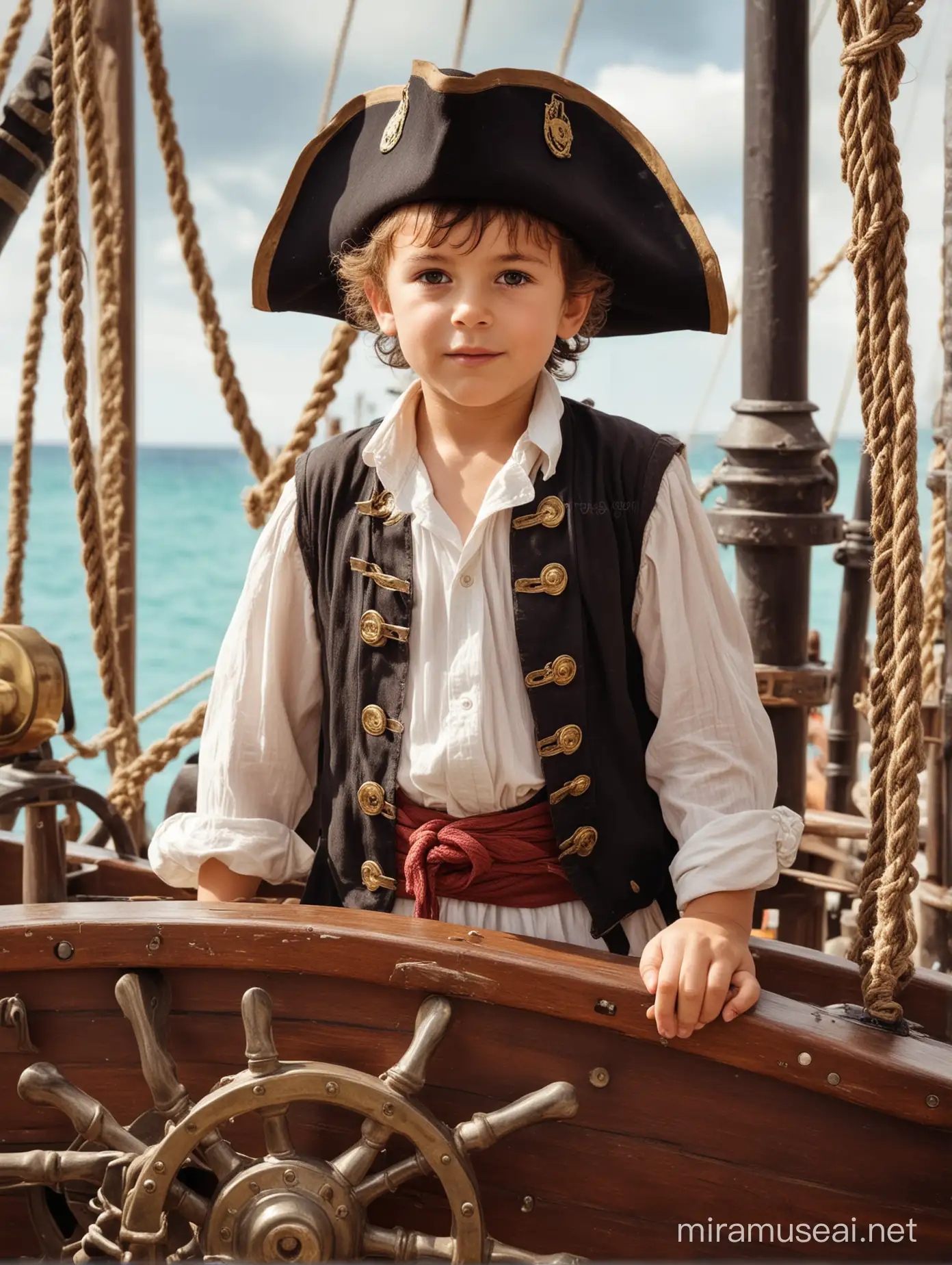 little boy as Carribean pirate in ship