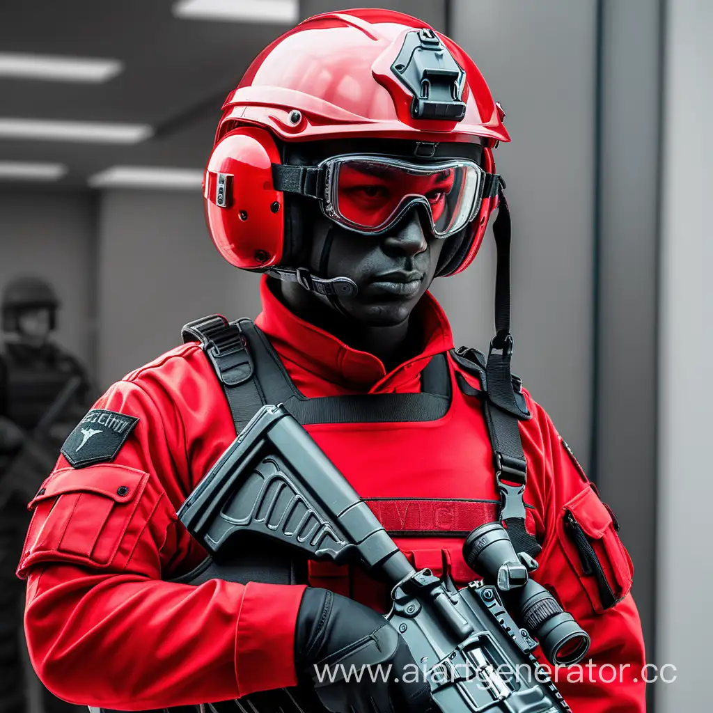 Солдат службы безопасности, красная форма, шлем ,очки, бронежилет, мужчина
