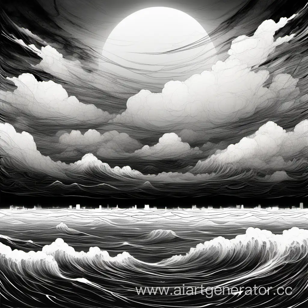  бескрайнее море густой туман облака рисунок штрихами чернобелый манга