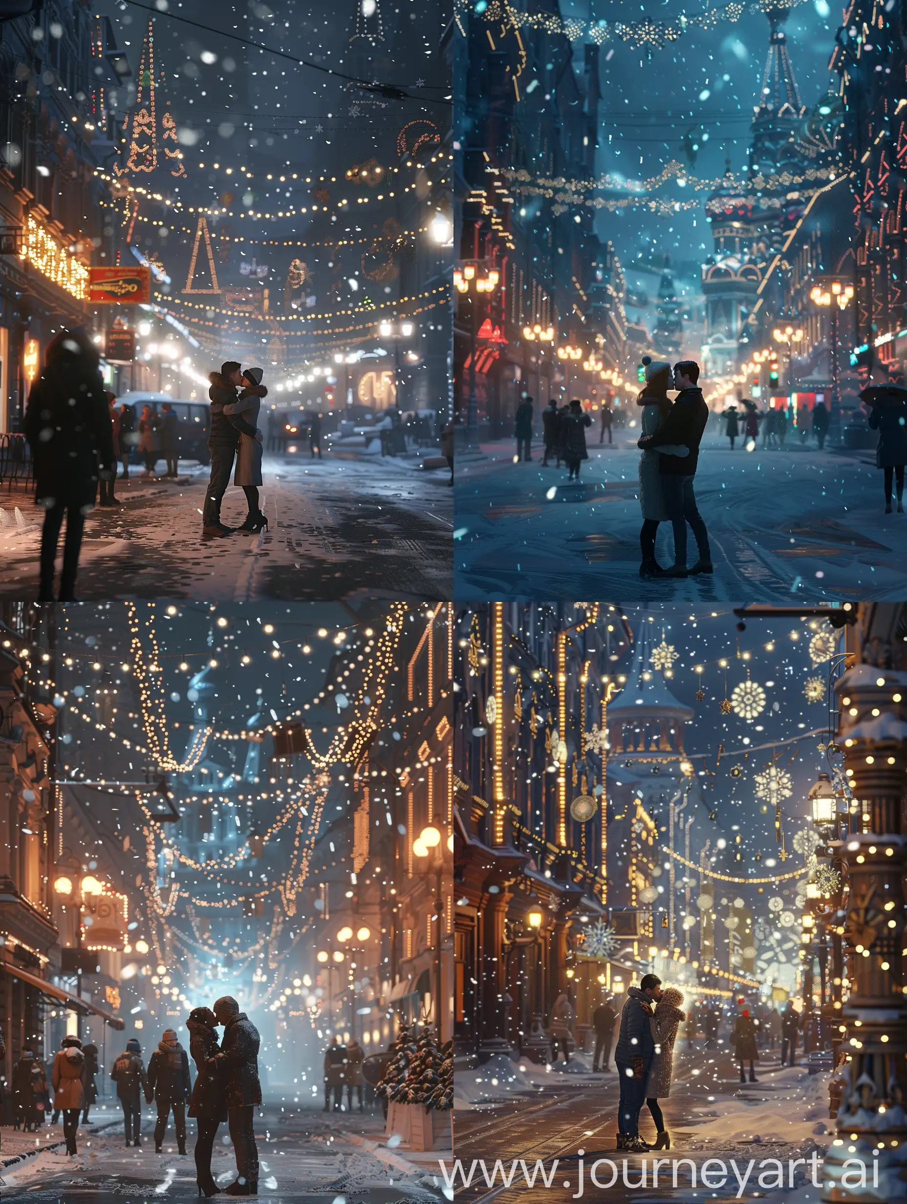 winter fairy tale in a snowy Russian city, lights, snowfall, couple kissing on the street, love story, happy people, Extreme Detail CG Unity 8K wallpaper, masterpiece, highest quality, exquisite lighting and shadow, highly dramatic picture, cinematic lens effect, excellent detail, outstanding lighting, wide angle, (excellent rendering, enough to be proud of its kind, photorealistic image