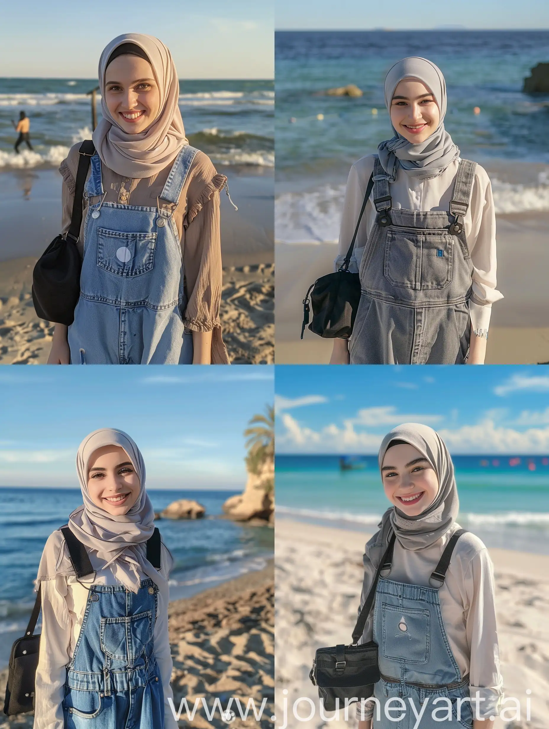 Smiling-Russian-Hijab-Girl-in-Overalls-at-Beautiful-Beach