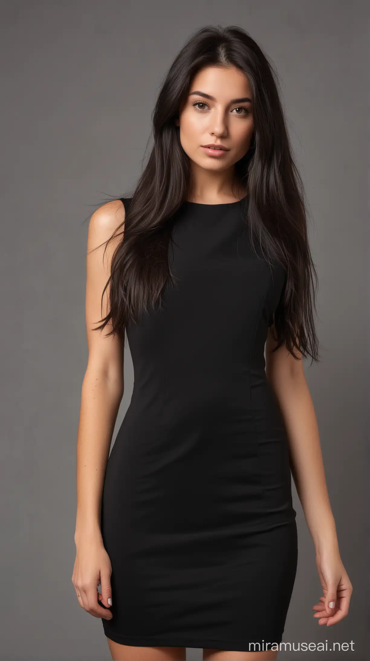 Elegant LongHaired Woman in Black Mini Dress