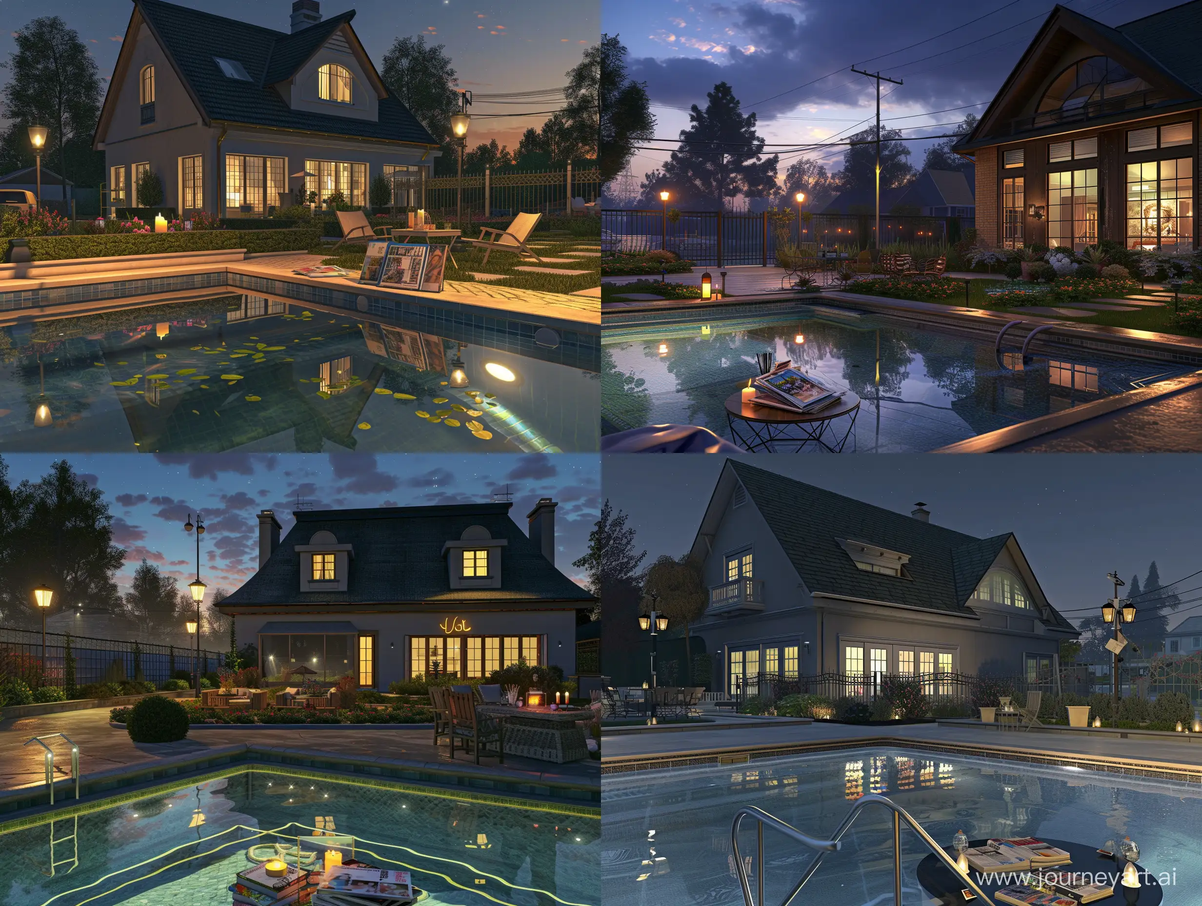 Tranquil-Night-Scene-American-Style-House-with-Gardens-and-Pool