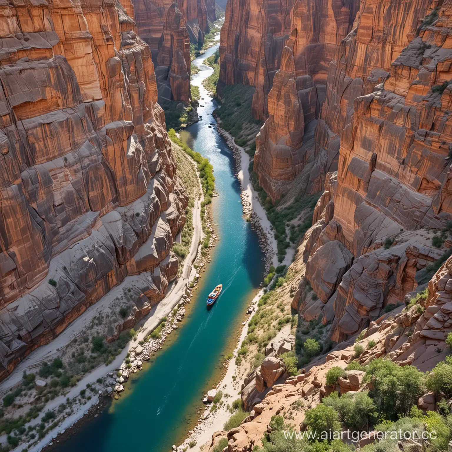 Aerial-View-of-Split-River-Canyon-with-Small-Boat