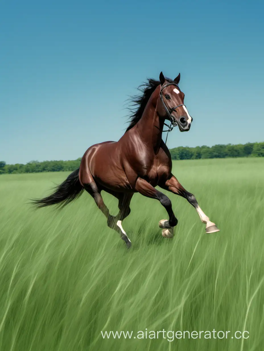 Lone-Galloping-Horse-in-Verdant-Field-under-Azure-Sky