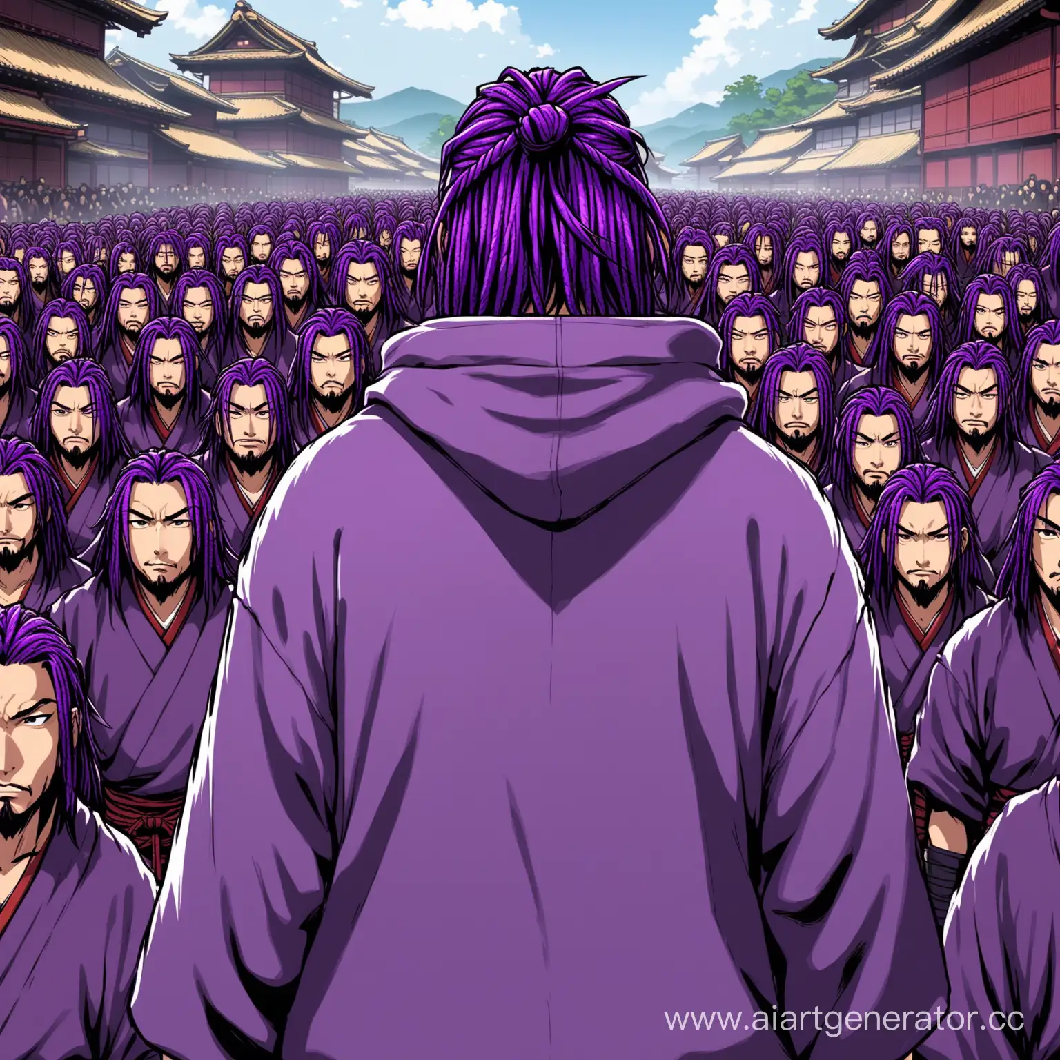 PurpleHaired-Leader-Guides-Samurai-Crowd-in-Vibrant-Hoodie
