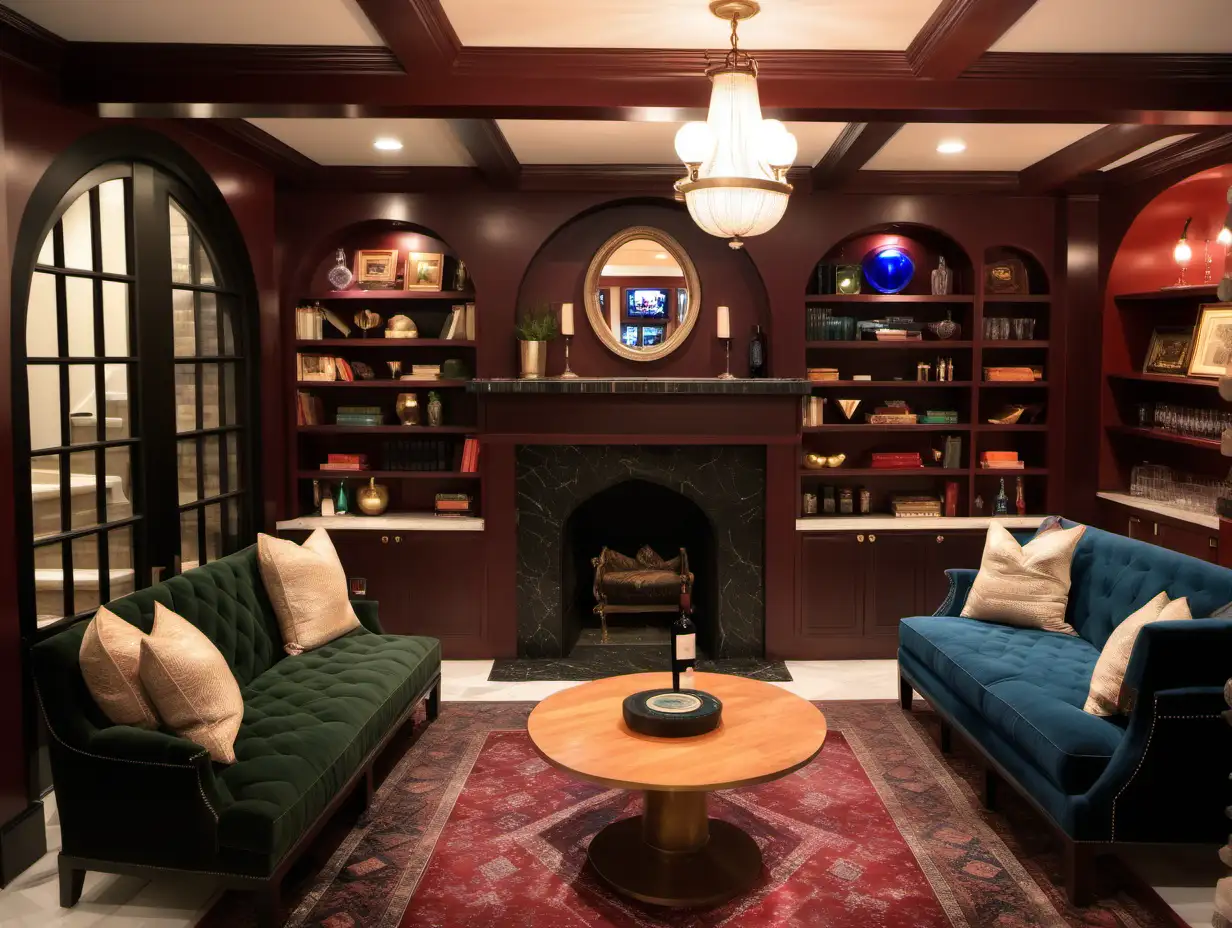 Basement, exposed wood ceiling, arched built-in book-cases, frame tv, vintage fireplace, antique rug, marble pedestal table, jewel tones, velvet banquette, recessed lighting, diamond checker floor tile, egress window, wine bar with antique mirror backsplash 
