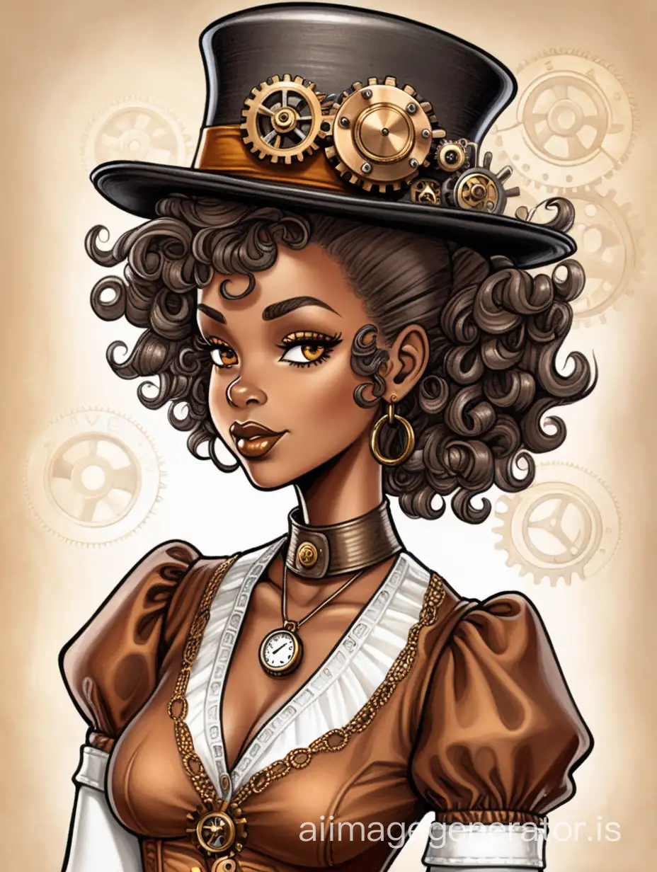 comic illustration of adorable steampunk african woman wavy haired 50s styled  Dress  mini hat