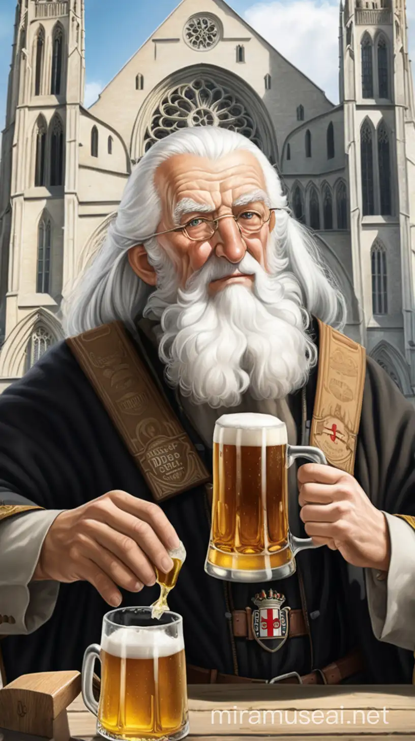 an old belgian man with white hair trying beer with experience in front of Abbey in old times