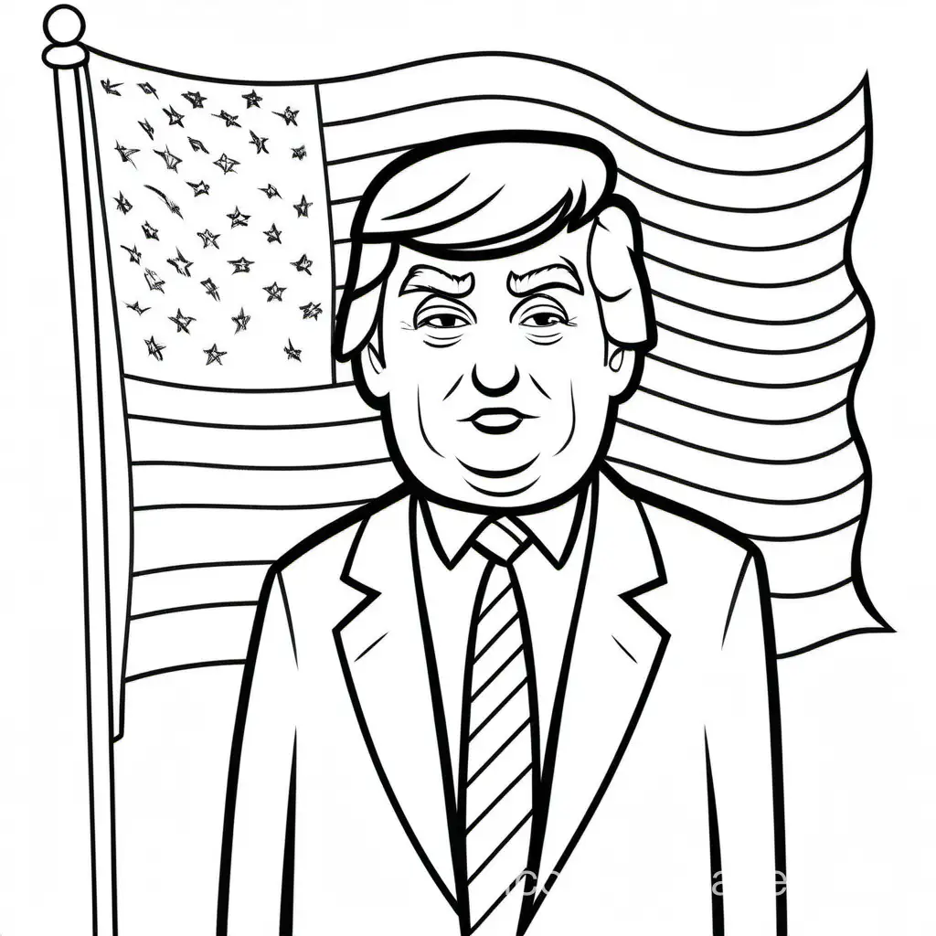 Trump with American flag, Coloring Page, black and white, line art, white background, Simplicity, Ample White Space. The background of the coloring page is plain white to make it easy for young children to color within the lines. The outlines of all the subjects are easy to distinguish, making it simple for kids to color without too much difficulty