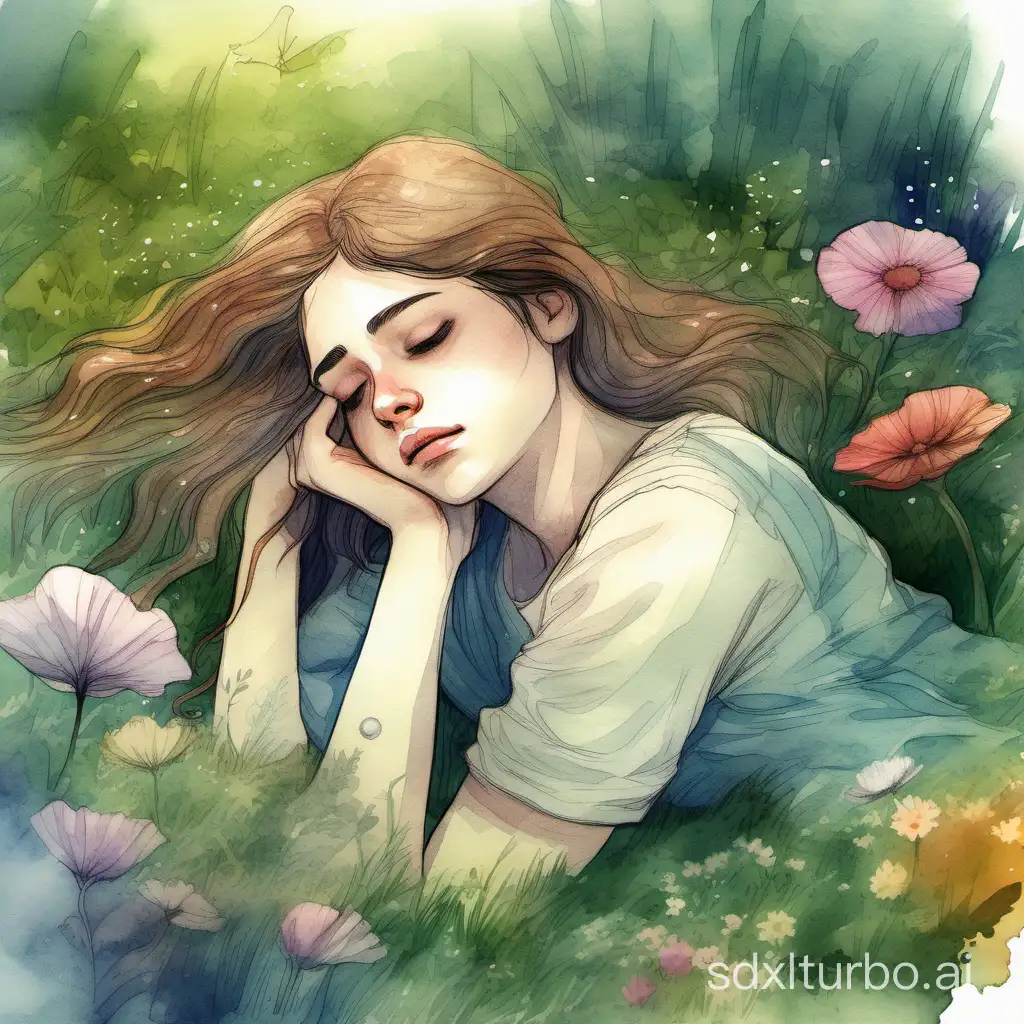 Grief-stricken girl, in a garden with tears rolling down her cheeks, lying on the grass, which is gently wavering under the breeze, amidst a lush and serene environment bombarded with varieties of flowers, a mood of melancholy, yet enchanting, pervades the scene, Illustration, accomplished using a blend of traditional watercolor and digital painting techniques