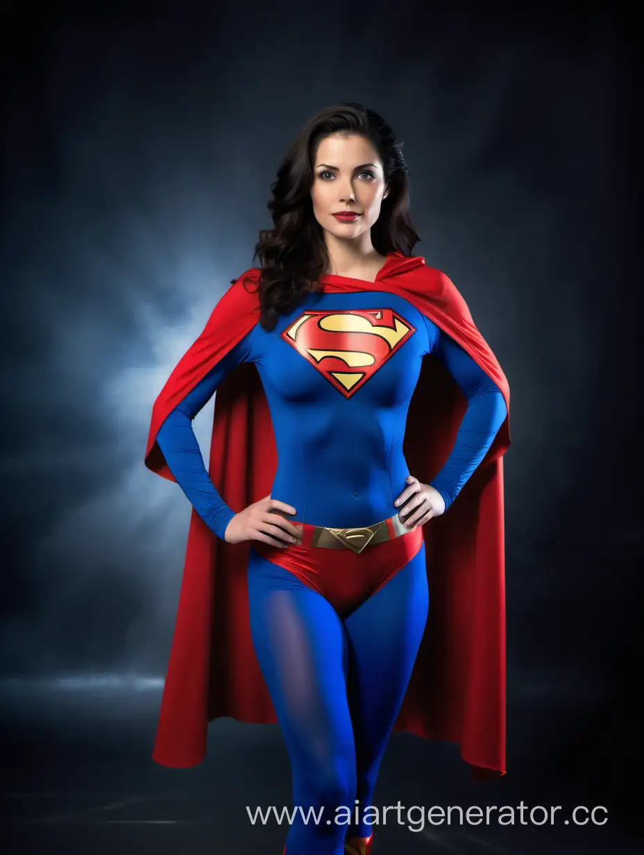 A pretty woman with dark hair, age 29, She is confident and strong. She is wearing a Superman costume with (blue leggings), (long blue sleeves), red briefs, and a long flowing cape. She is posed like a superhero, strong and powerful. Bright photo studio. Superman The Movie.
