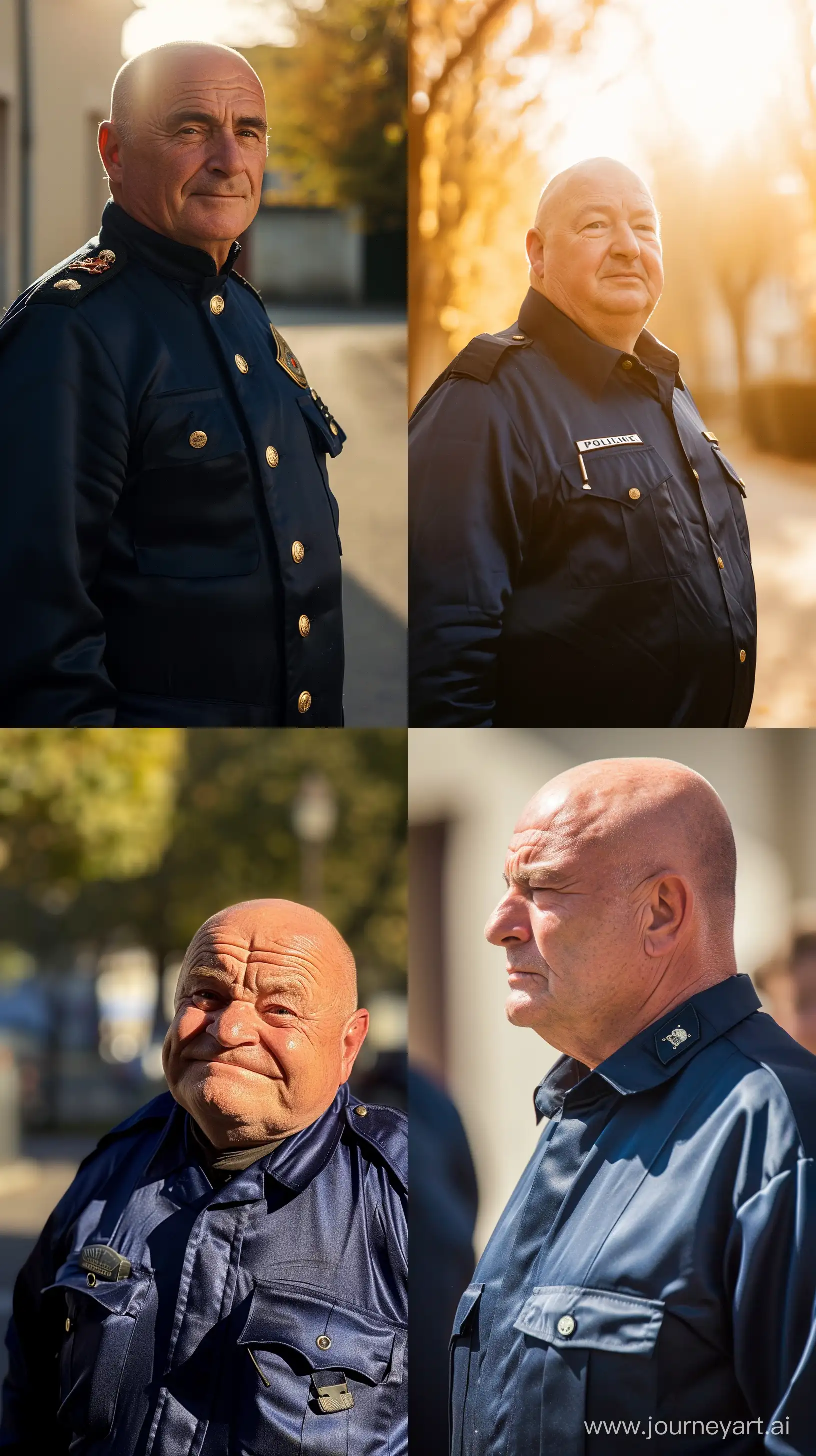Lateral close up photo of a chubby men aged 70 wearing navy silky french police uniforms. Direct Sunlight. Bald. Clean Shaven. Outside. --style raw --ar 9:16 --v 6