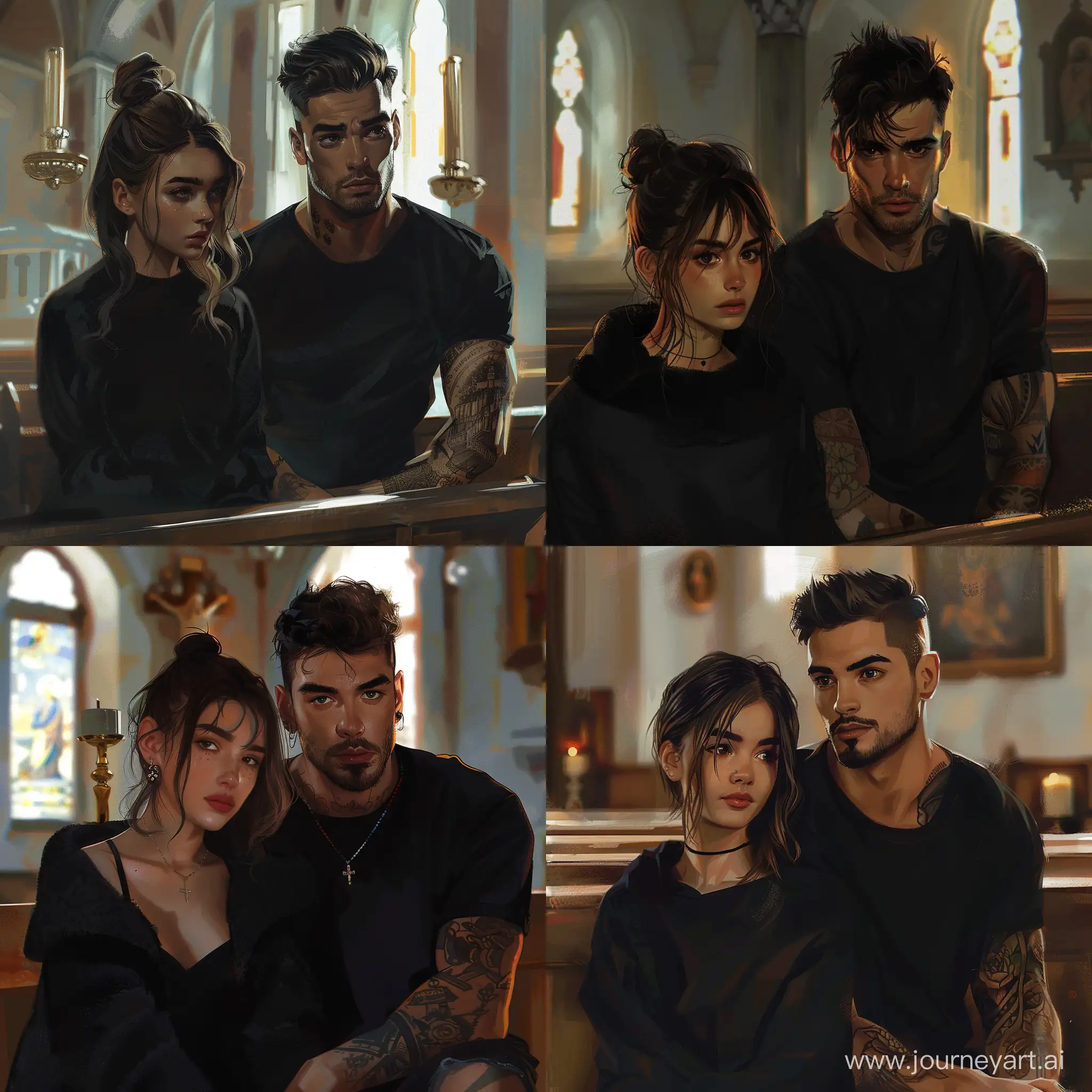 a cute girl about 18 years old, she has a black warm dress and a guy about 30 years old, he has dark hair and he has very short hair, he wears a black T-shirt and he has tattoos. They are sitting in the church. in the art style