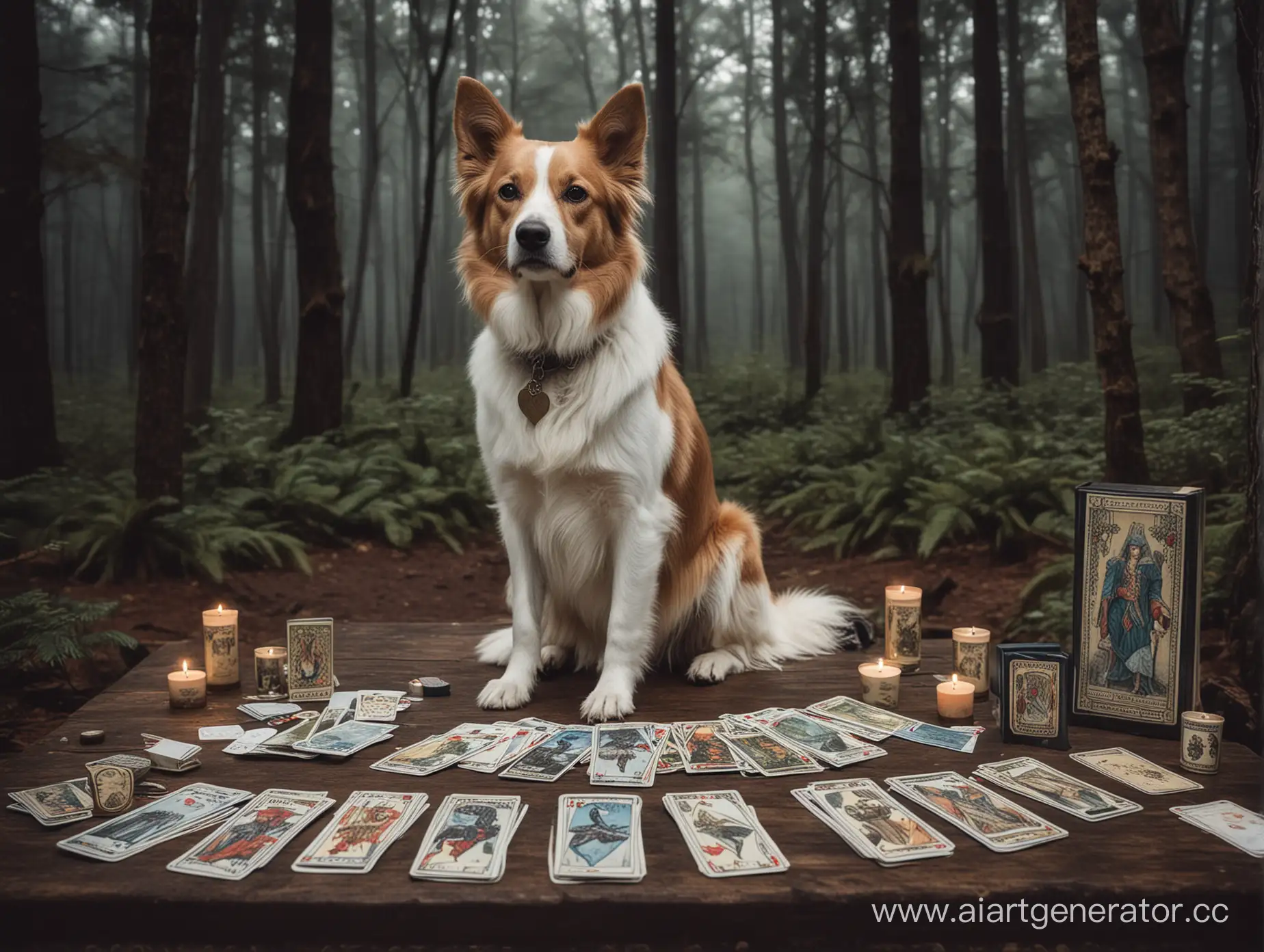 Sitting-Dog-with-Tarot-Cards-in-Dark-Forest-Setting