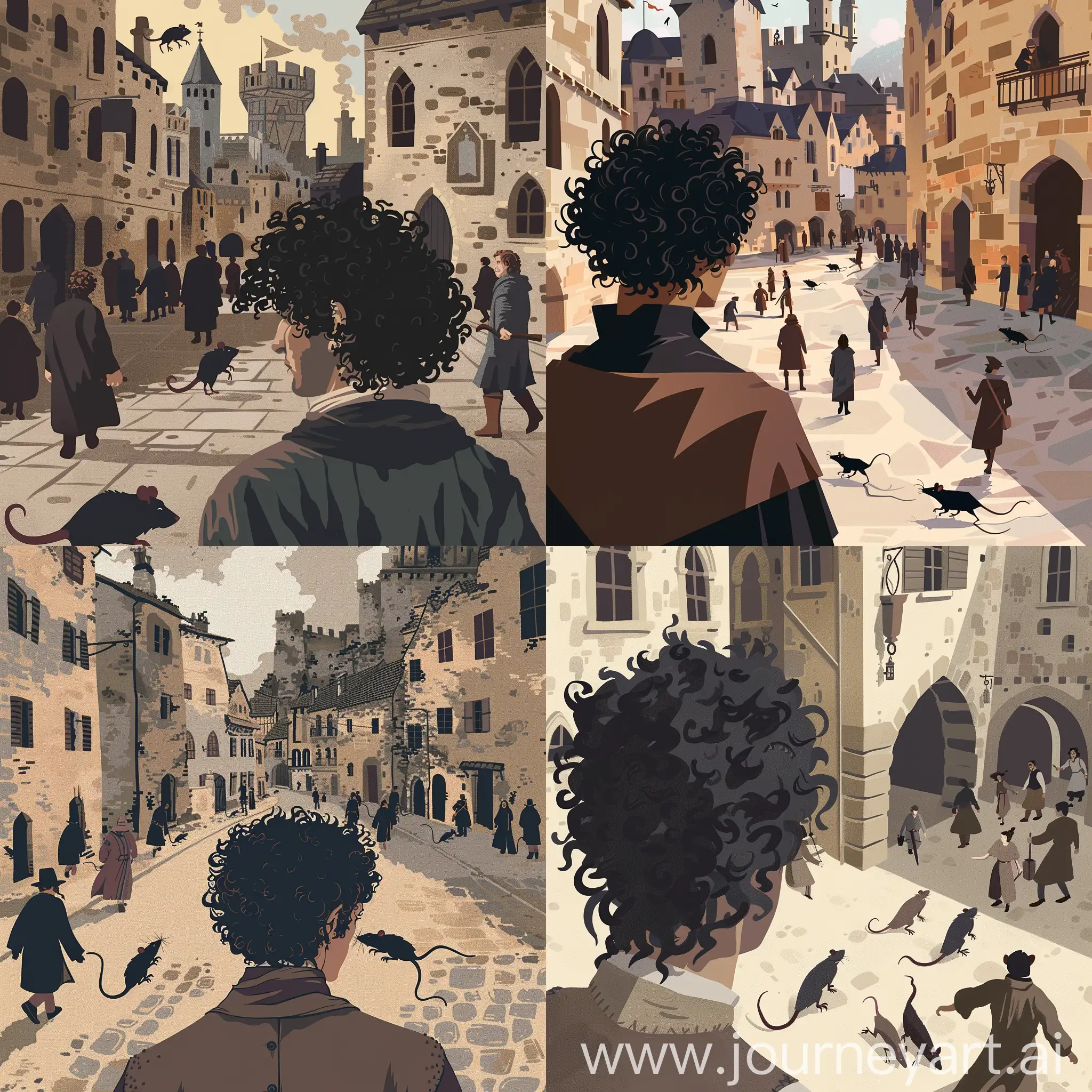 minimalistic illustration in swampy shades. stately man with black curly hair walking in a medieval town, citizens walking around, rats running on the sidewalk