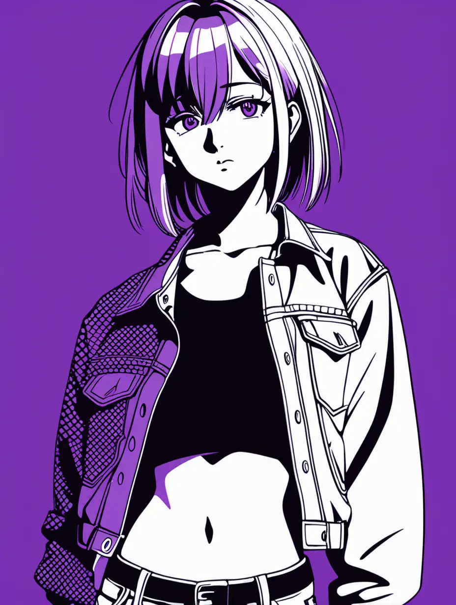 anime girl in jacket posterize halftone purple black white 3 color minimal design short shirt midriff 