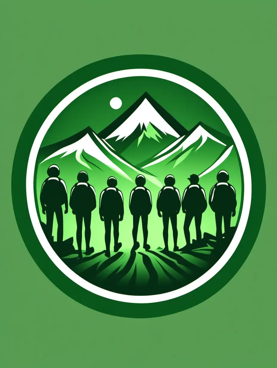 Hiking logo in circle, dark green background
