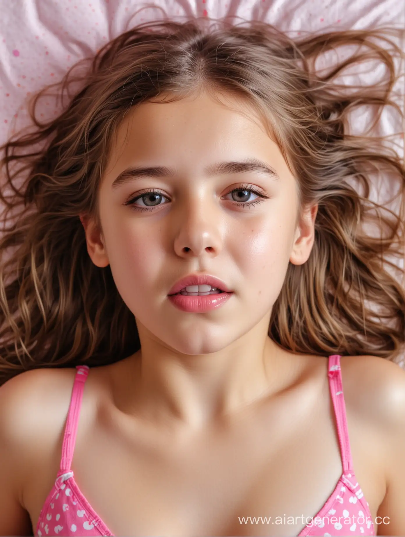 Young-Girl-in-Pain-Lying-in-Bedroom-Top-View-with-Wet-Hair-and-Pink-Lips