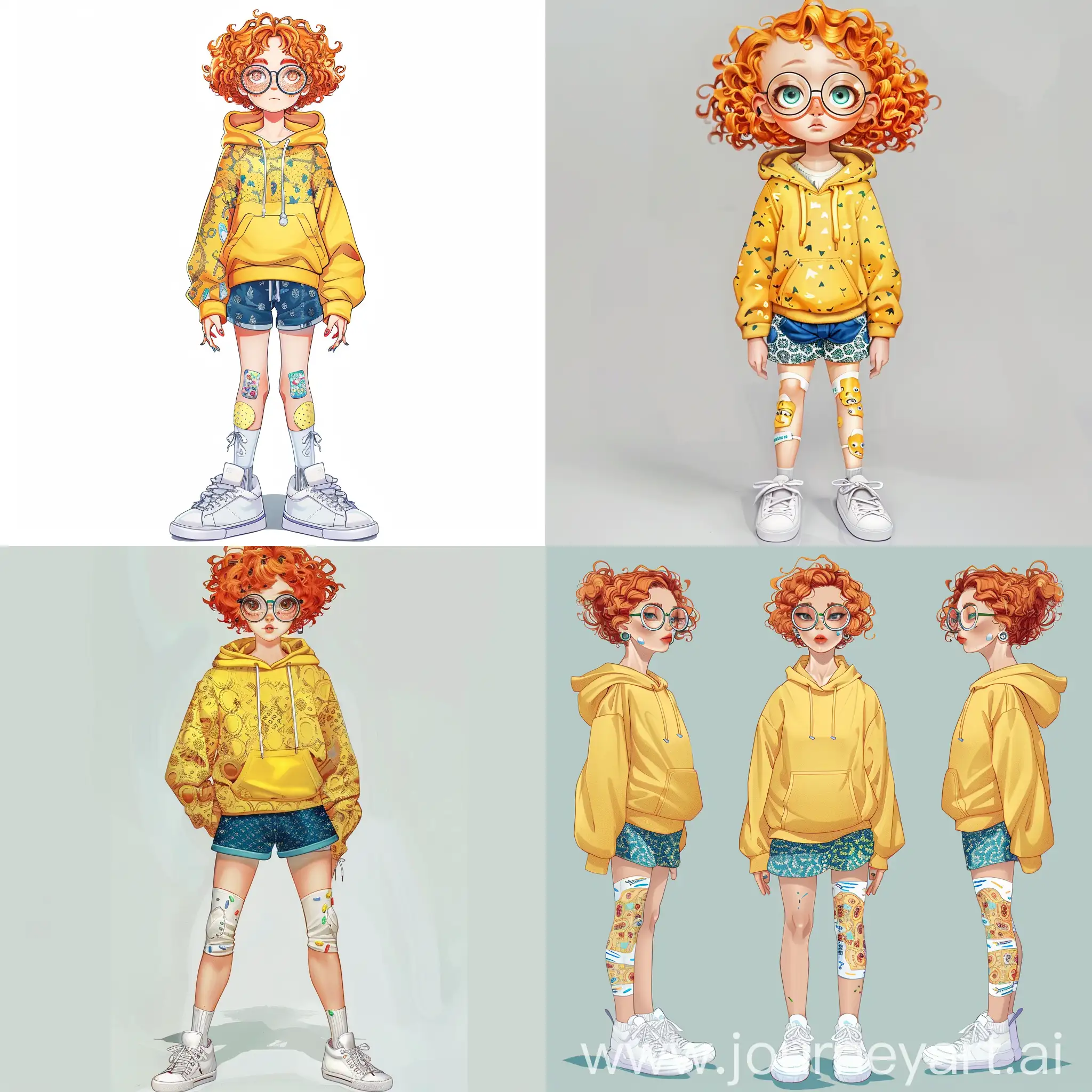 girl in anime style, short orange curly hair, round glasses, yellow hoodie with patterns, short blue shorts, plasters on the knees, white sneakers, full height, shorts on all sides.