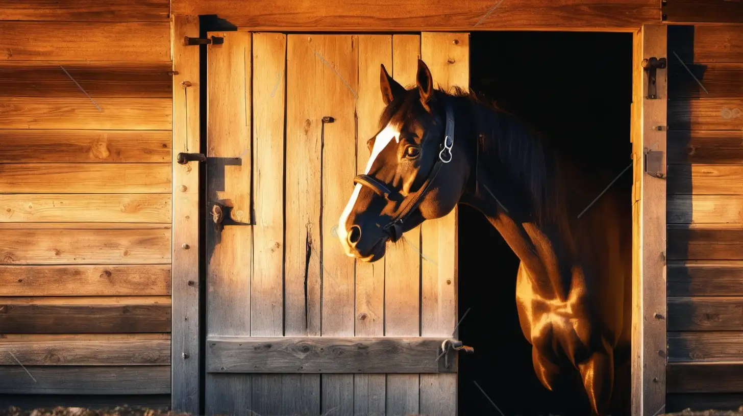 Rustic Stable Door with Horse Head Silhouetted at Sunrise